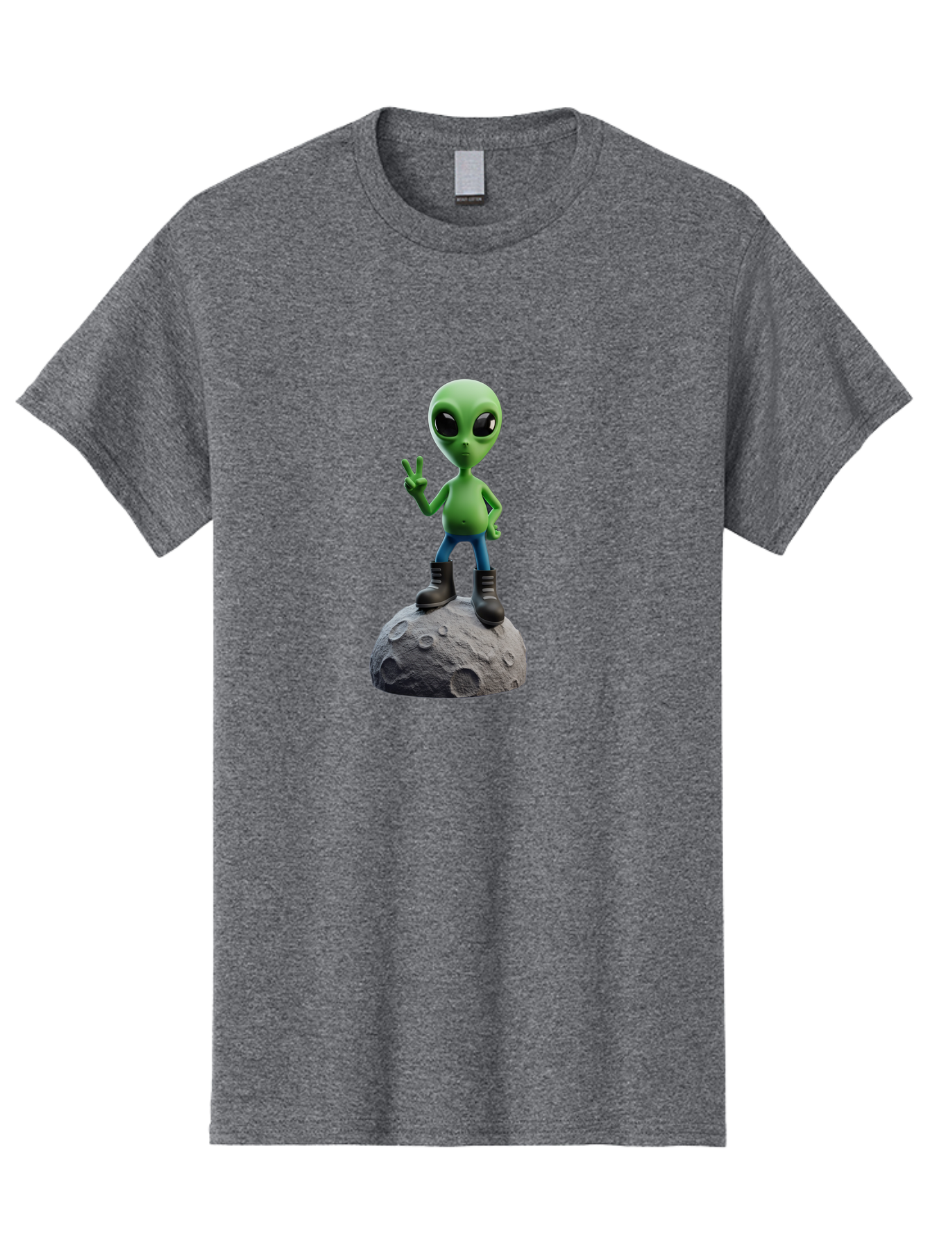 Alien-On-Moon Men'S Graphic Tee, 100% Cotton, Comfortable Casual Summer Wear, Machine Washable, 3D Cartoon Alien, Peace Sign, Moon Surface, Craters, Futuristic, Extraterrestrial Life, Space, Blue Jeans, Black Boots, Quirky, Fun, Playful, Bab628
