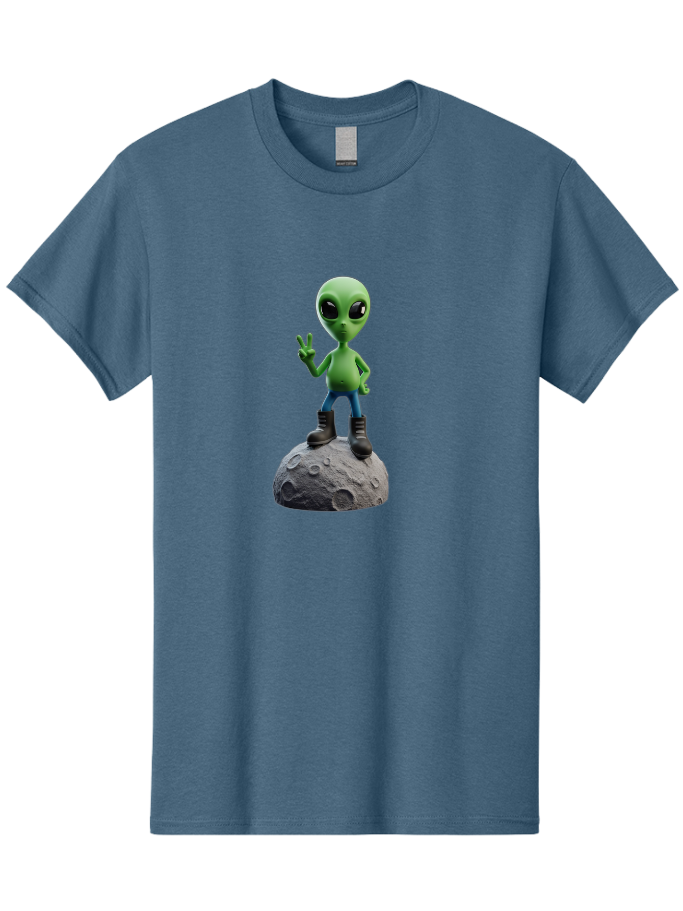 Alien-On-Moon Men'S Graphic Tee, 100% Cotton, Comfortable Casual Summer Wear, Machine Washable, 3D Cartoon Alien, Peace Sign, Moon Surface, Craters, Futuristic, Extraterrestrial Life, Space, Blue Jeans, Black Boots, Quirky, Fun, Playful, Bab628