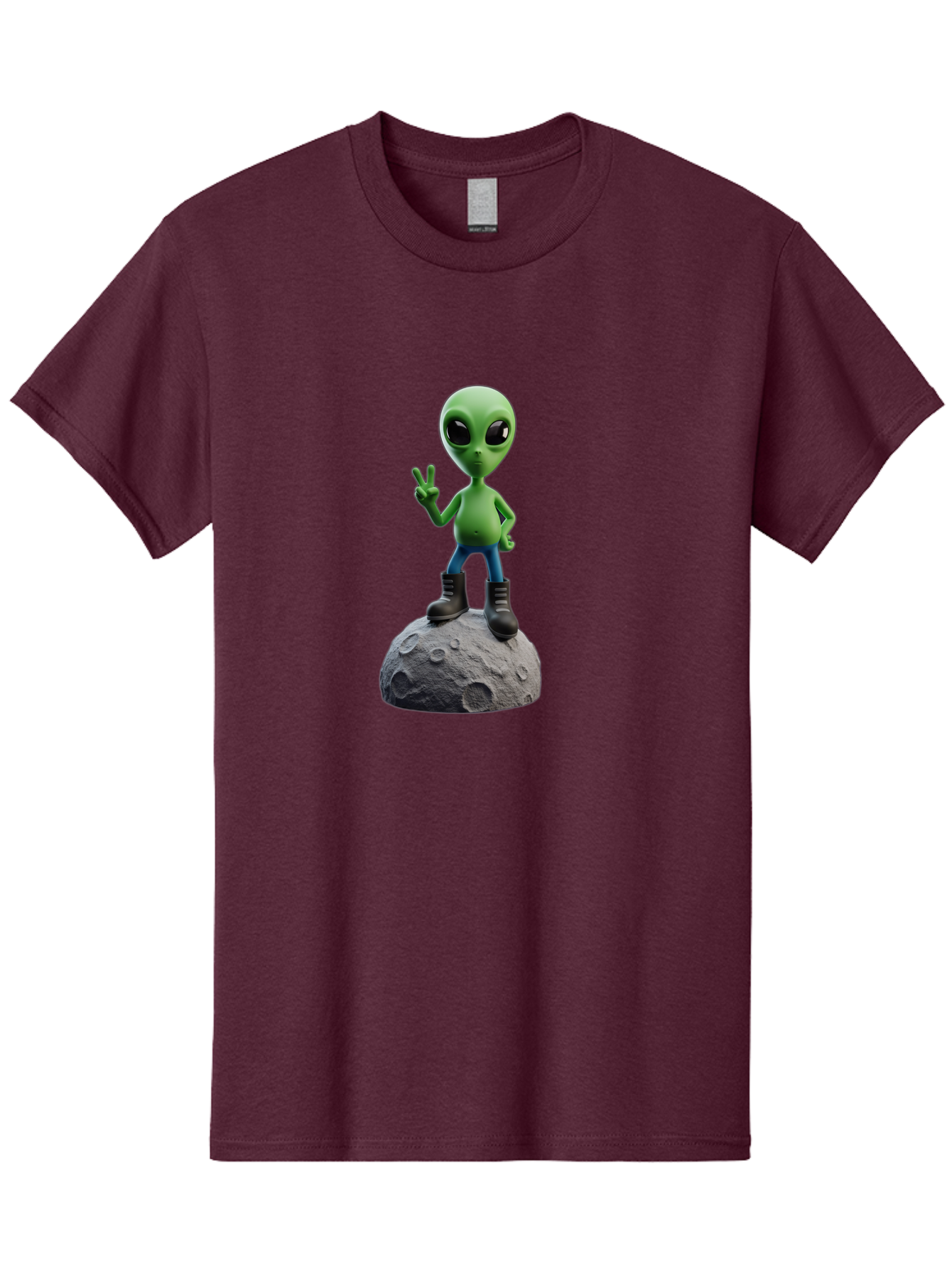 Alien-On-Moon Men'S Graphic Tee, 100% Cotton, Comfortable Casual Summer Wear, Machine Washable, 3D Cartoon Alien, Peace Sign, Moon Surface, Craters, Futuristic, Extraterrestrial Life, Space, Blue Jeans, Black Boots, Quirky, Fun, Playful, Bab628