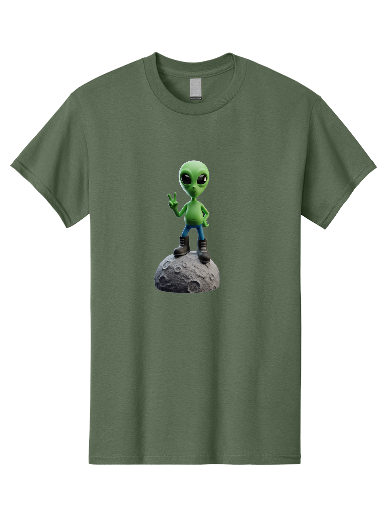 Alien-On-Moon Men'S Graphic Tee, 100% Cotton, Comfortable Casual Summer Wear, Machine Washable, 3D Cartoon Alien, Peace Sign, Moon Surface, Craters, Futuristic, Extraterrestrial Life, Space, Blue Jeans, Black Boots, Quirky, Fun, Playful, Bab628