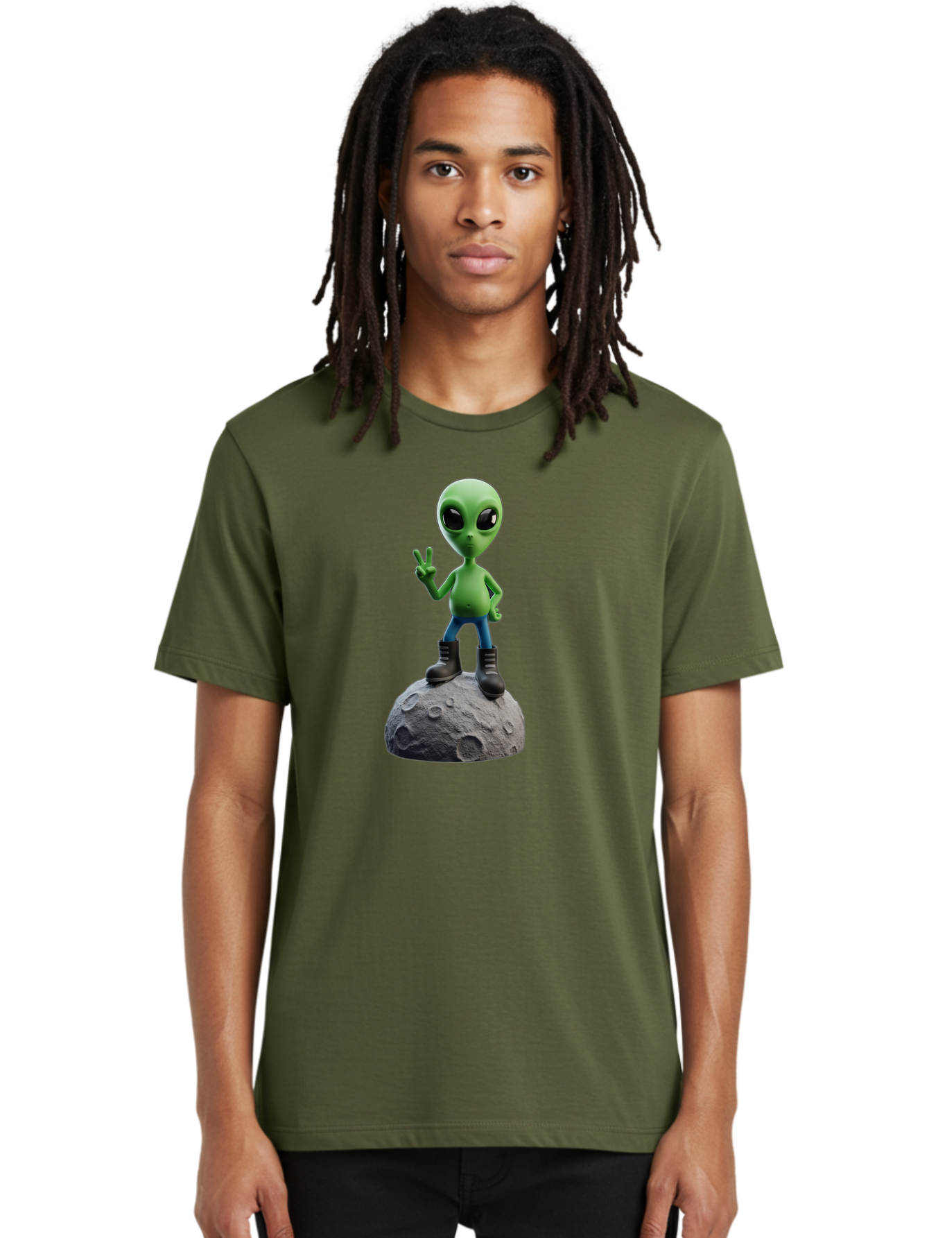 Alien-On-Moon Men'S Graphic Tee, 100% Cotton, Comfortable Casual Summer Wear, Machine Washable, 3D Cartoon Alien, Peace Sign, Moon Surface, Craters, Futuristic, Extraterrestrial Life, Space, Blue Jeans, Black Boots, Quirky, Fun, Playful, Bab628