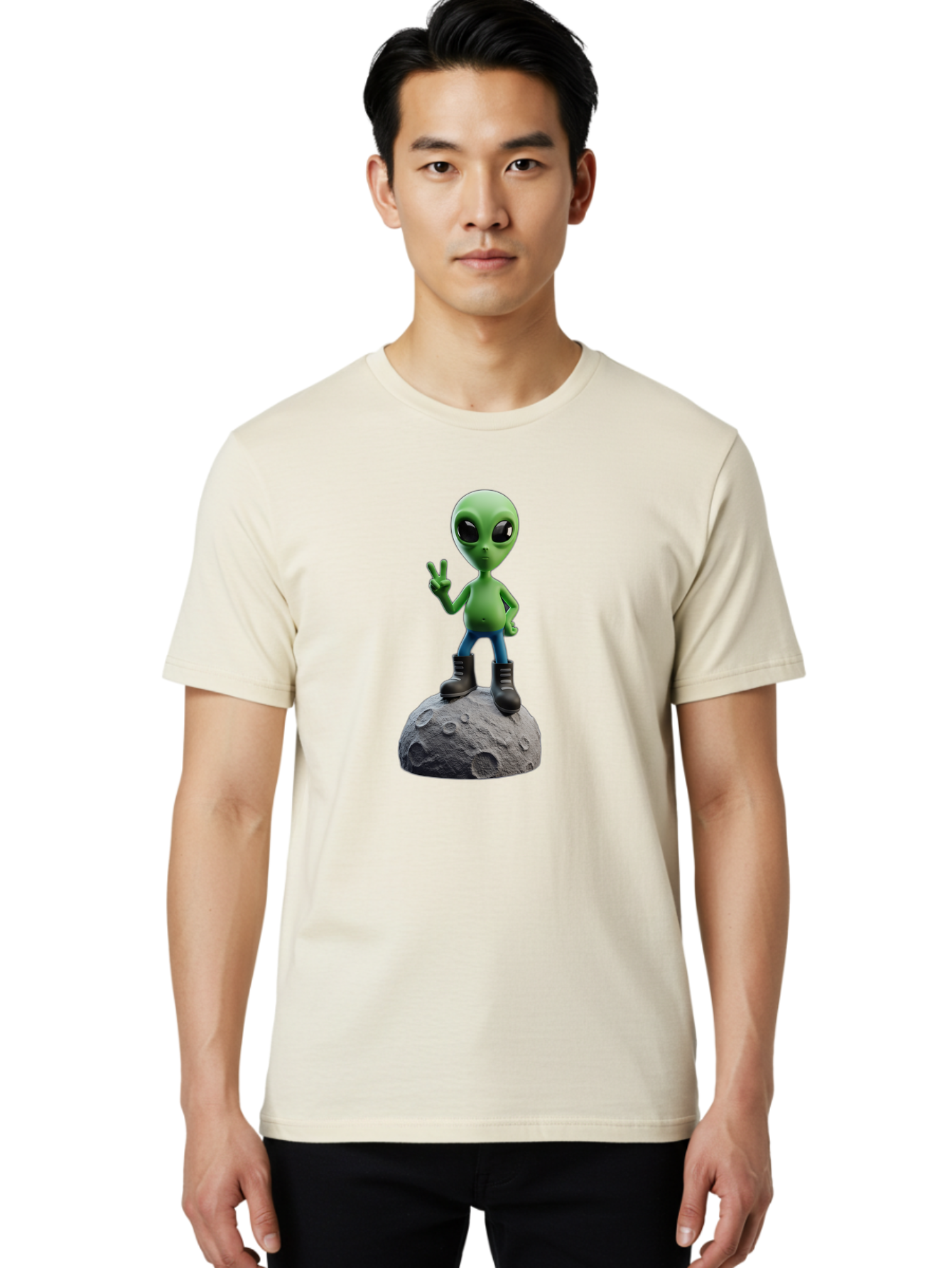 Alien-On-Moon Men'S Graphic Tee, 100% Cotton, Comfortable Casual Summer Wear, Machine Washable, 3D Cartoon Alien, Peace Sign, Moon Surface, Craters, Futuristic, Extraterrestrial Life, Space, Blue Jeans, Black Boots, Quirky, Fun, Playful, Bab628