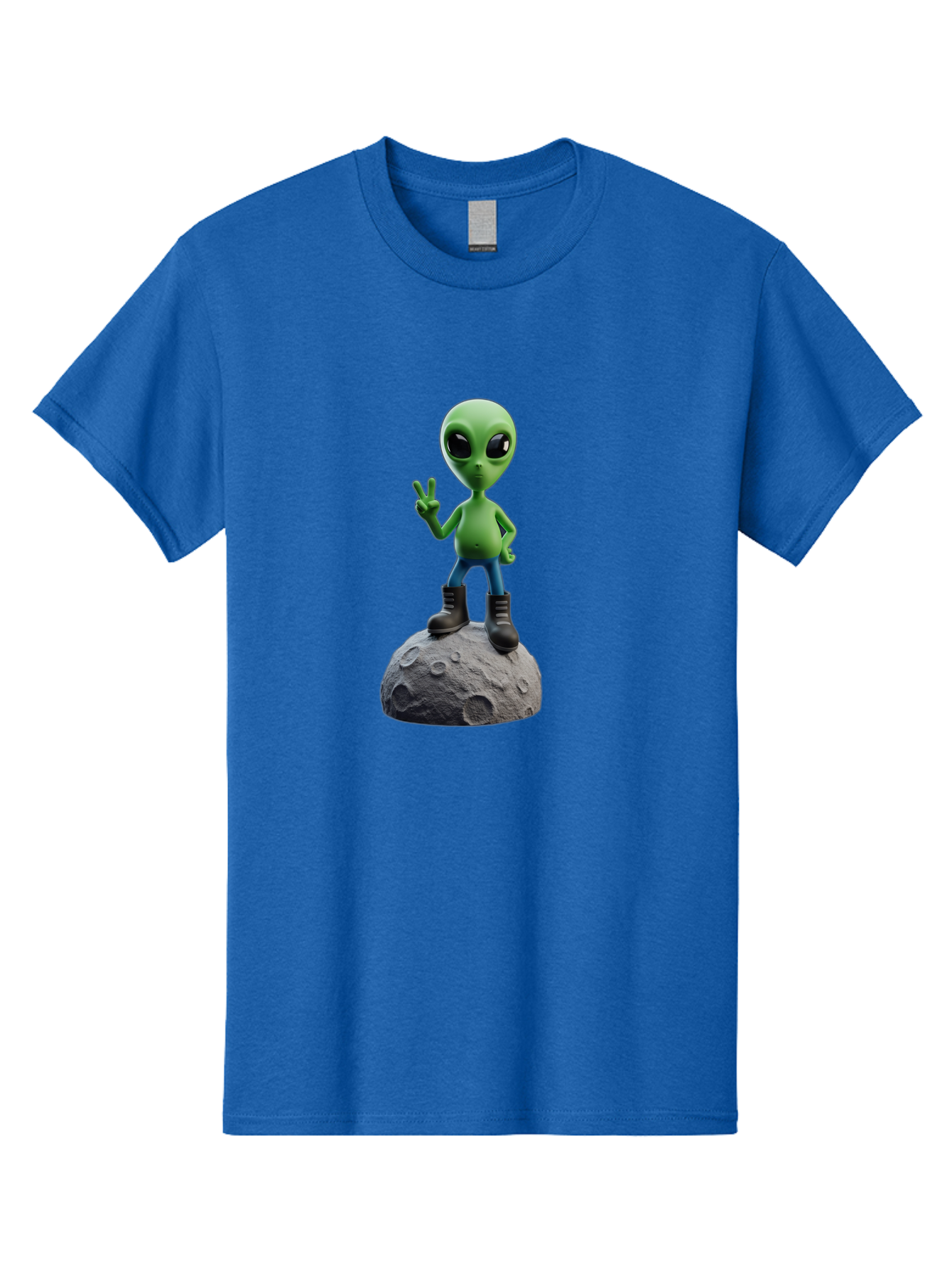 Alien-On-Moon Men'S Graphic Tee, 100% Cotton, Comfortable Casual Summer Wear, Machine Washable, 3D Cartoon Alien, Peace Sign, Moon Surface, Craters, Futuristic, Extraterrestrial Life, Space, Blue Jeans, Black Boots, Quirky, Fun, Playful, Bab628