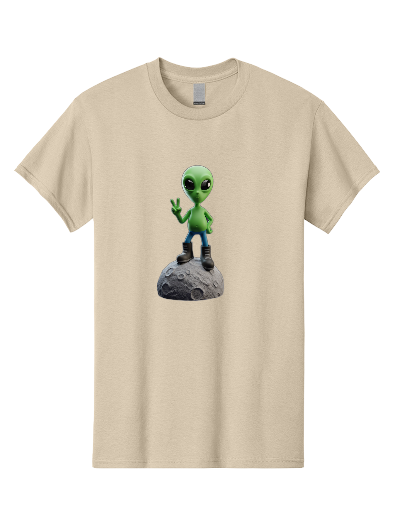 Alien-On-Moon Men'S Graphic Tee, 100% Cotton, Comfortable Casual Summer Wear, Machine Washable, 3D Cartoon Alien, Peace Sign, Moon Surface, Craters, Futuristic, Extraterrestrial Life, Space, Blue Jeans, Black Boots, Quirky, Fun, Playful, Bab628