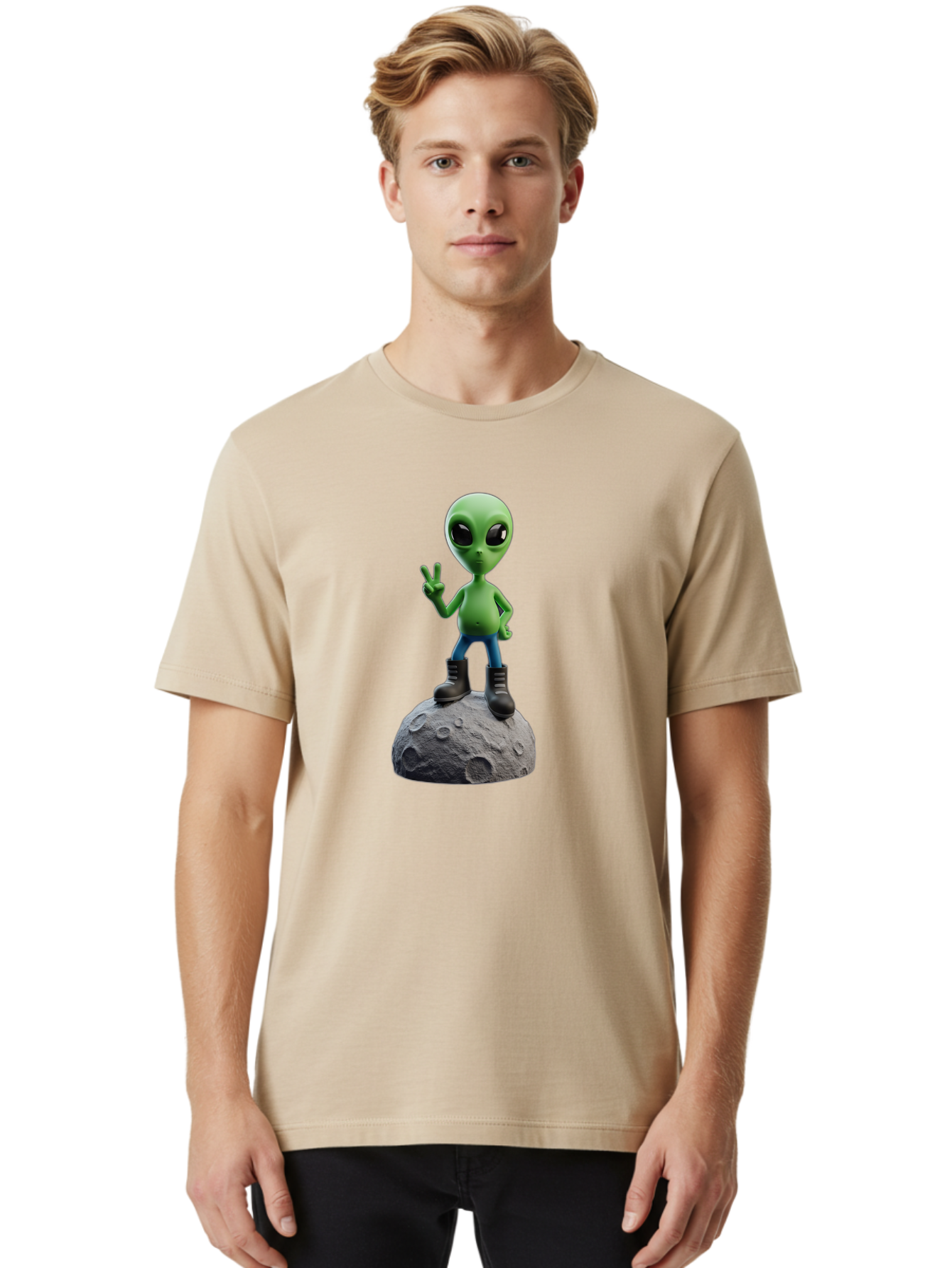 Alien-On-Moon Men'S Graphic Tee, 100% Cotton, Comfortable Casual Summer Wear, Machine Washable, 3D Cartoon Alien, Peace Sign, Moon Surface, Craters, Futuristic, Extraterrestrial Life, Space, Blue Jeans, Black Boots, Quirky, Fun, Playful, Bab628