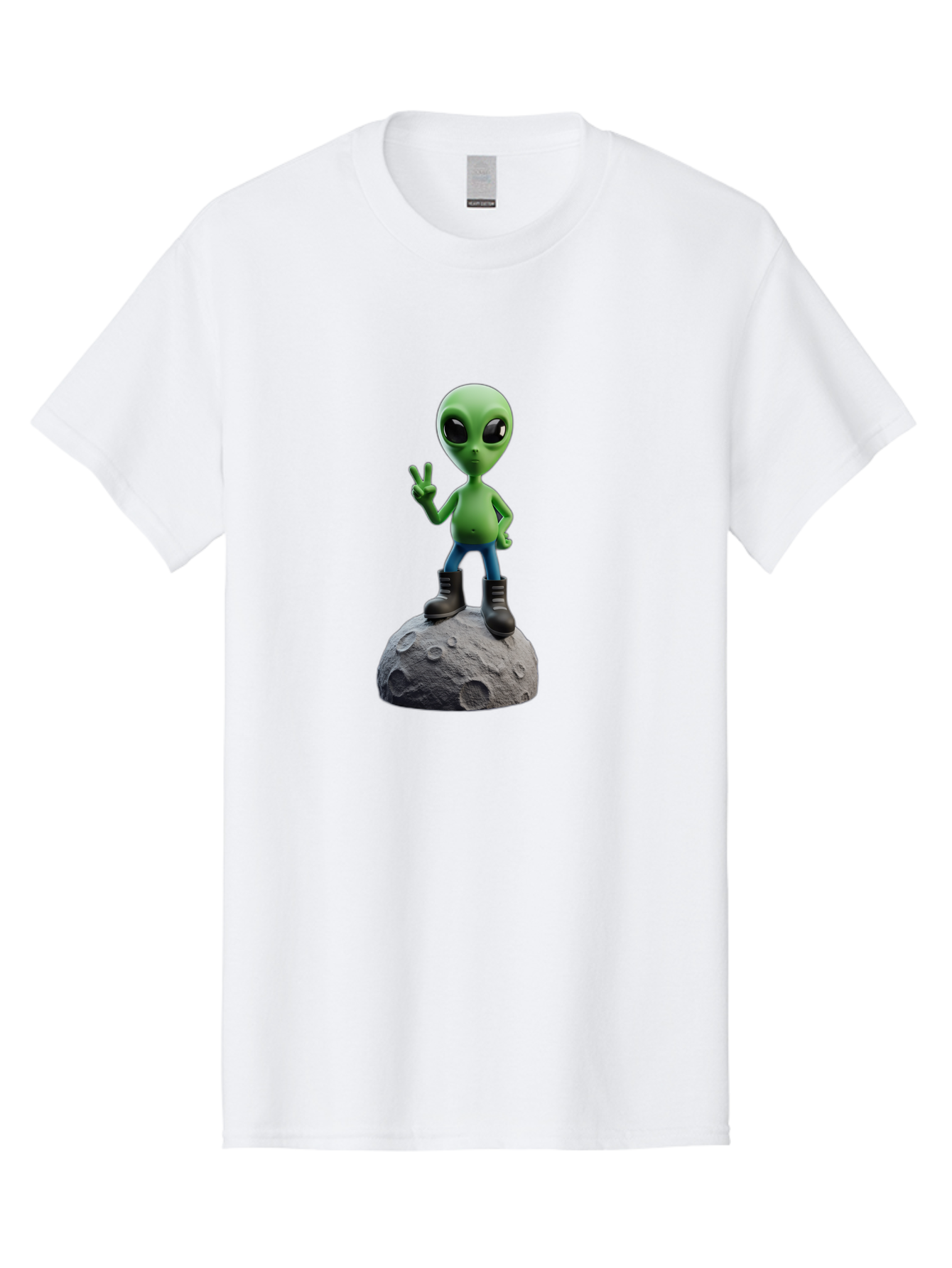 Alien-On-Moon Men'S Graphic Tee, 100% Cotton, Comfortable Casual Summer Wear, Machine Washable, 3D Cartoon Alien, Peace Sign, Moon Surface, Craters, Futuristic, Extraterrestrial Life, Space, Blue Jeans, Black Boots, Quirky, Fun, Playful, Bab628