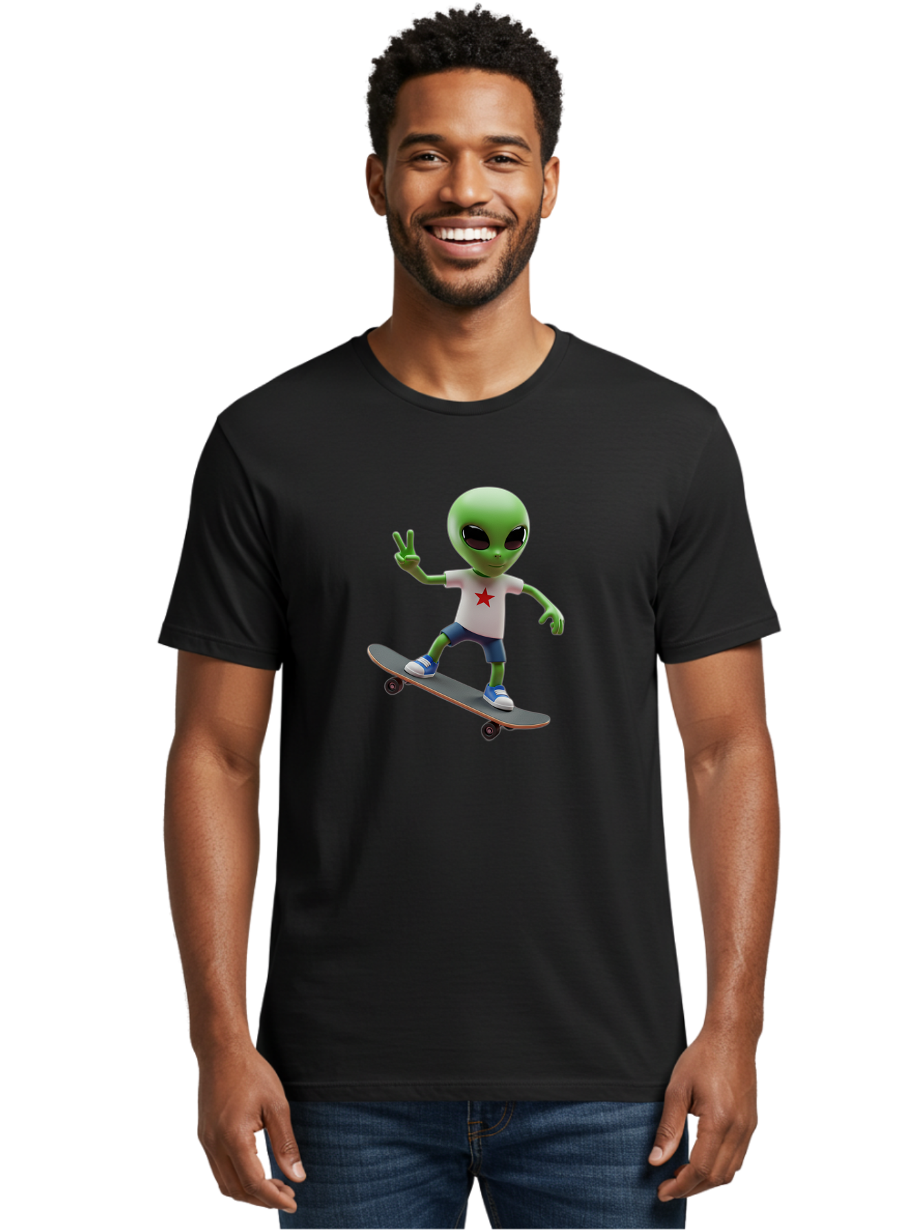 Alien-On-Skateboard Men'S Graphic Tee, 100% Cotton, Comfortable Casual Summer Wear, Machine Washable, Alien Skateboarder, Extraterrestrial On A Board, Funny Alien, 3D Cartoon Character, Skateboarding Alien, Peace Sign, Red Star Shirt, Bab629