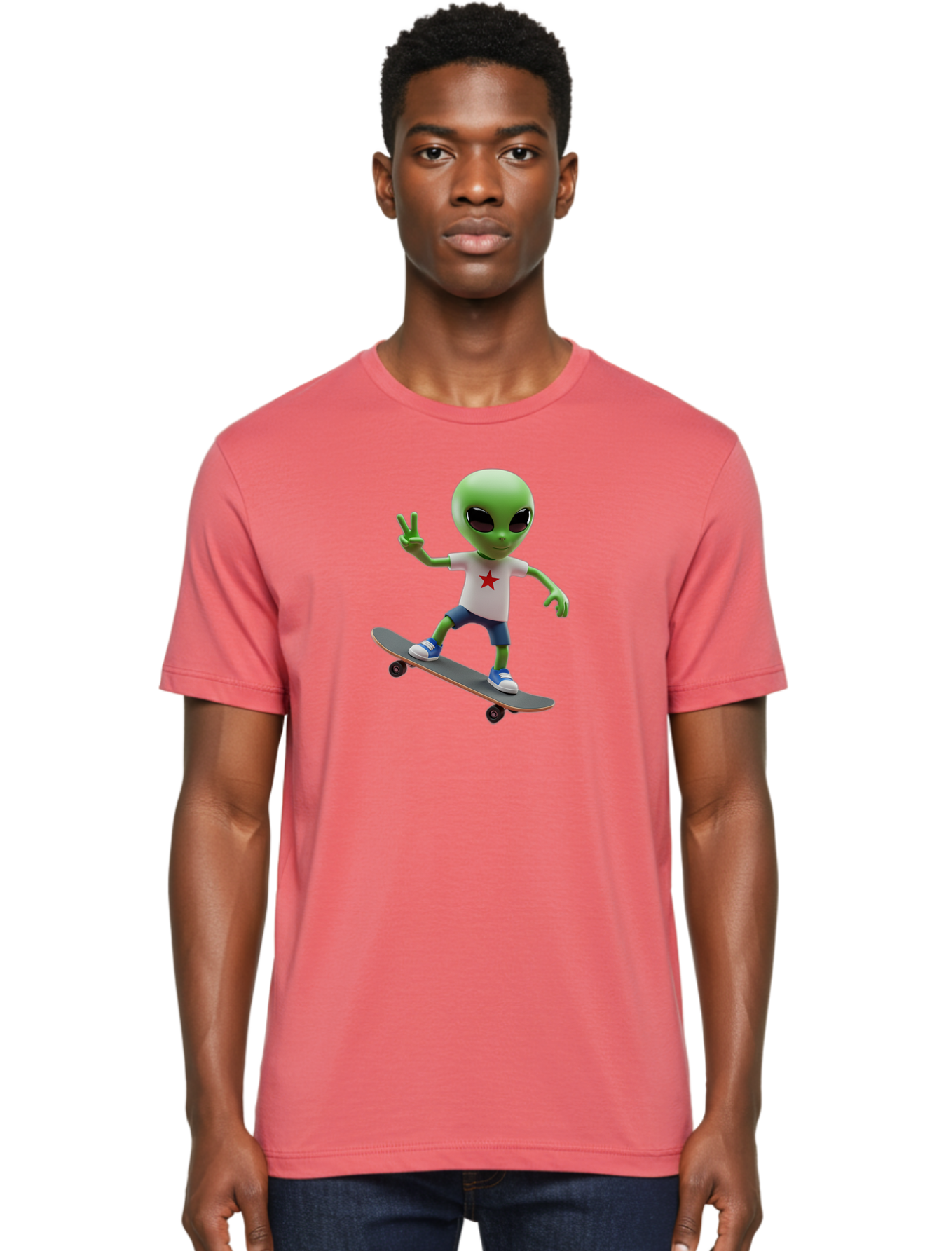 Alien-On-Skateboard Men'S Graphic Tee, 100% Cotton, Comfortable Casual Summer Wear, Machine Washable, Alien Skateboarder, Extraterrestrial On A Board, Funny Alien, 3D Cartoon Character, Skateboarding Alien, Peace Sign, Red Star Shirt, Bab629