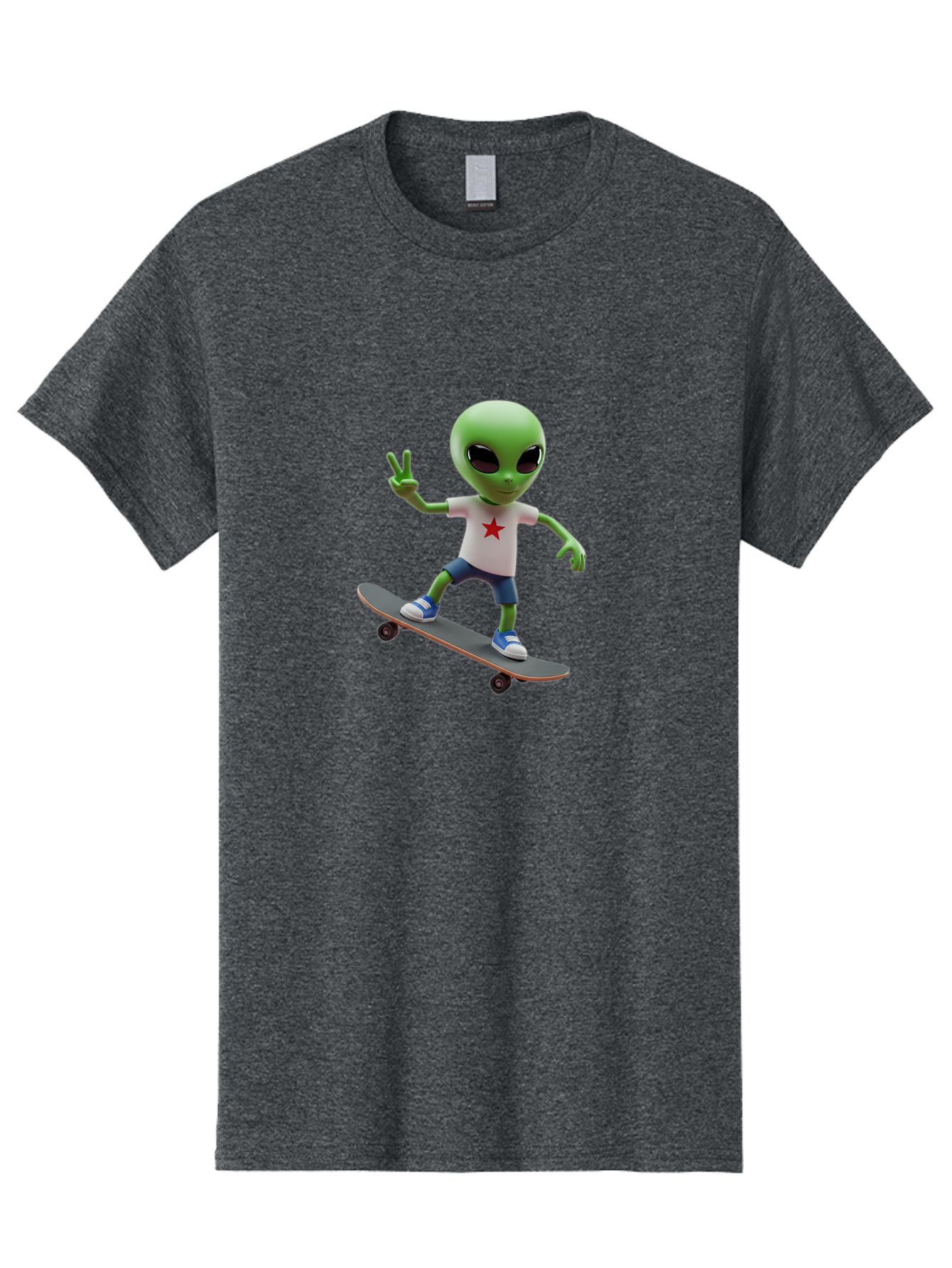 Alien-On-Skateboard Men'S Graphic Tee, 100% Cotton, Comfortable Casual Summer Wear, Machine Washable, Alien Skateboarder, Extraterrestrial On A Board, Funny Alien, 3D Cartoon Character, Skateboarding Alien, Peace Sign, Red Star Shirt, Bab629