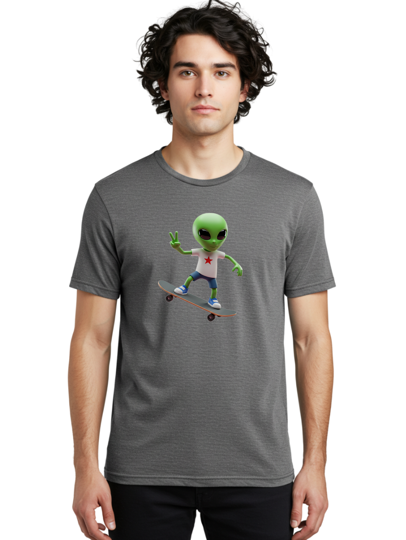 Alien-On-Skateboard Men'S Graphic Tee, 100% Cotton, Comfortable Casual Summer Wear, Machine Washable, Alien Skateboarder, Extraterrestrial On A Board, Funny Alien, 3D Cartoon Character, Skateboarding Alien, Peace Sign, Red Star Shirt, Bab629