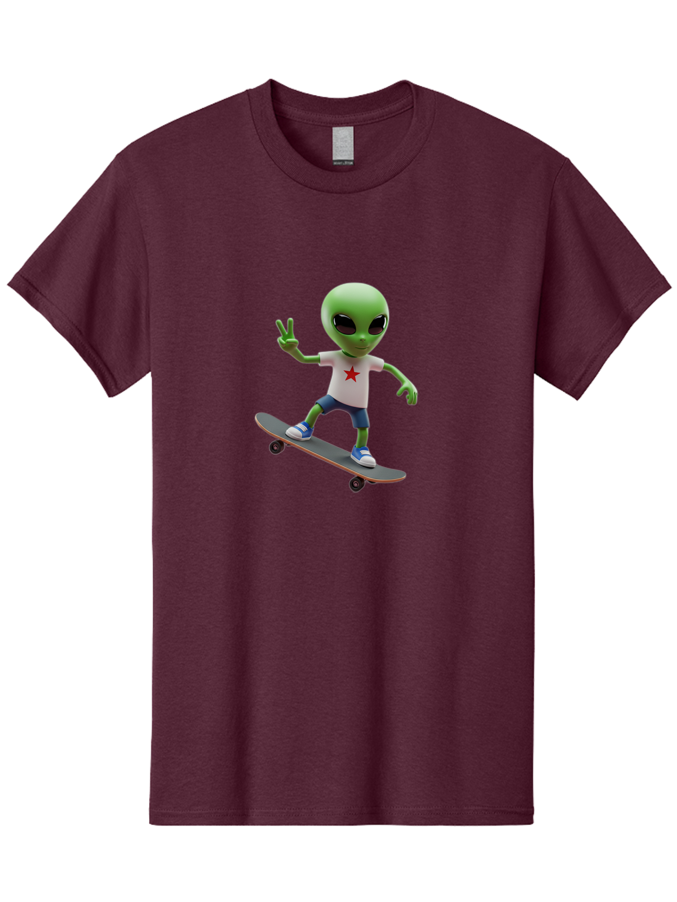 Alien-On-Skateboard Men'S Graphic Tee, 100% Cotton, Comfortable Casual Summer Wear, Machine Washable, Alien Skateboarder, Extraterrestrial On A Board, Funny Alien, 3D Cartoon Character, Skateboarding Alien, Peace Sign, Red Star Shirt, Bab629