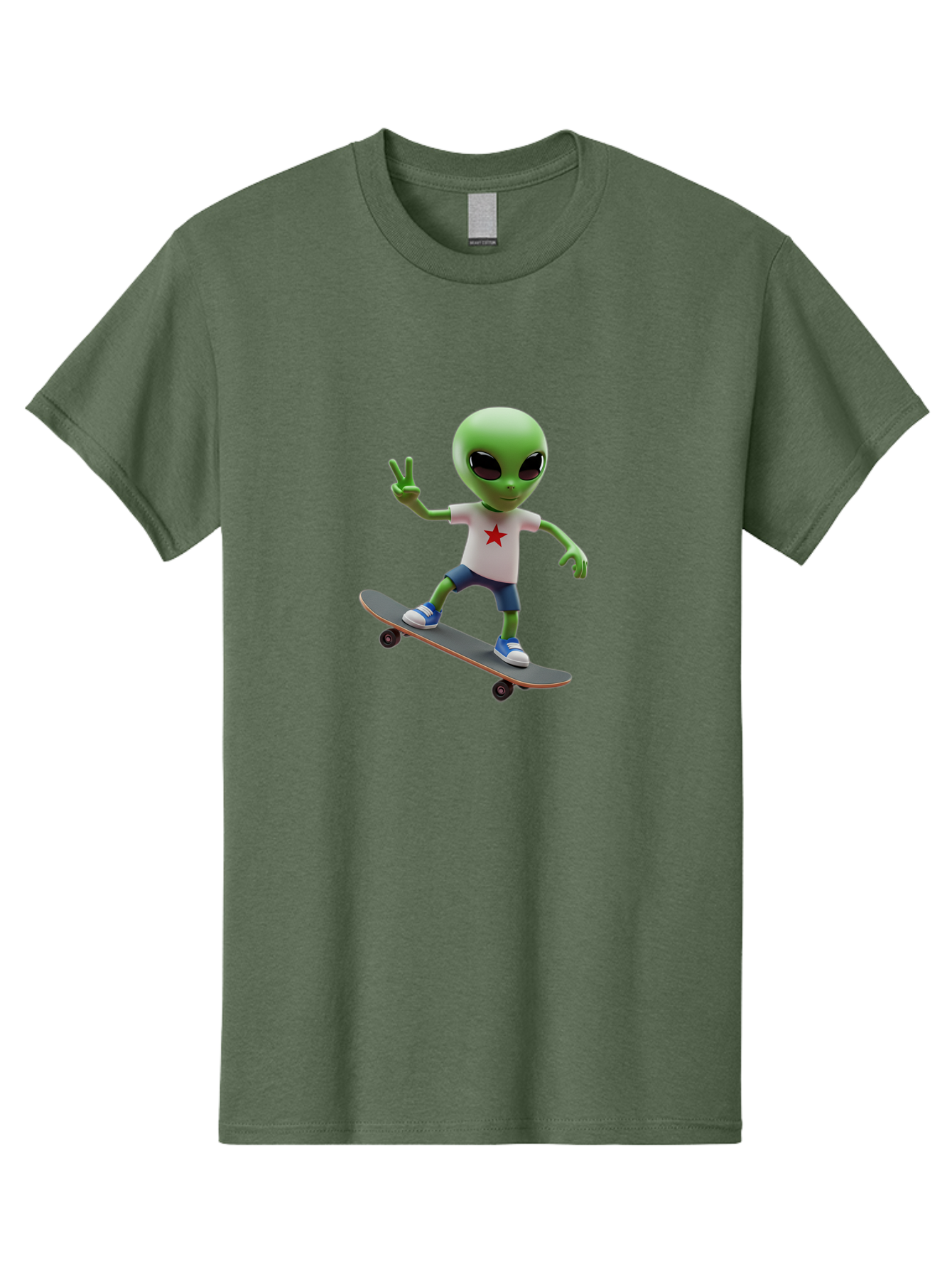 Alien-On-Skateboard Men'S Graphic Tee, 100% Cotton, Comfortable Casual Summer Wear, Machine Washable, Alien Skateboarder, Extraterrestrial On A Board, Funny Alien, 3D Cartoon Character, Skateboarding Alien, Peace Sign, Red Star Shirt, Bab629