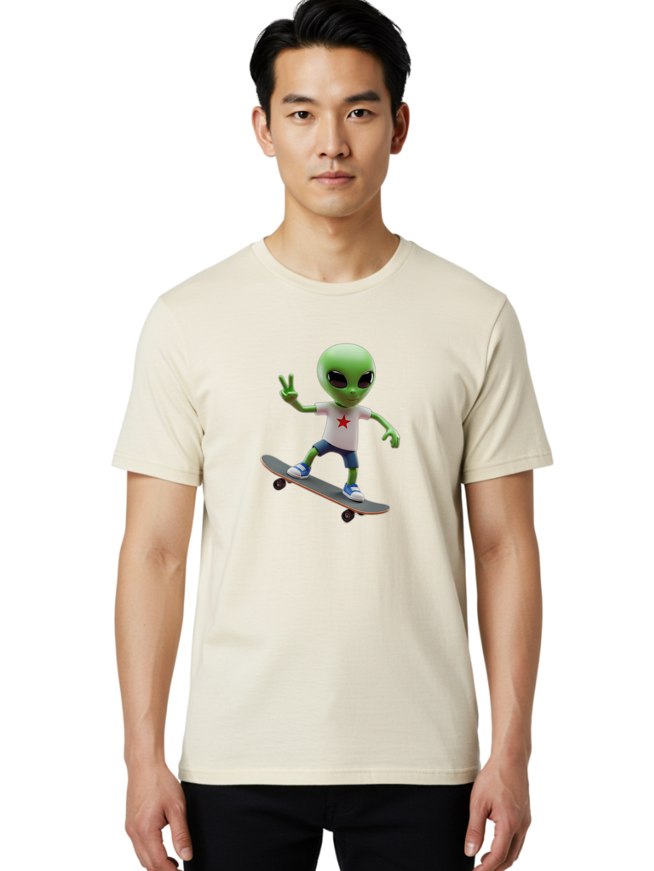 Alien-On-Skateboard Men'S Graphic Tee, 100% Cotton, Comfortable Casual Summer Wear, Machine Washable, Alien Skateboarder, Extraterrestrial On A Board, Funny Alien, 3D Cartoon Character, Skateboarding Alien, Peace Sign, Red Star Shirt, Bab629