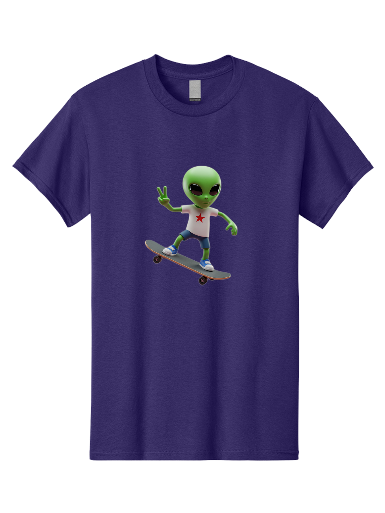Alien-On-Skateboard Men'S Graphic Tee, 100% Cotton, Comfortable Casual Summer Wear, Machine Washable, Alien Skateboarder, Extraterrestrial On A Board, Funny Alien, 3D Cartoon Character, Skateboarding Alien, Peace Sign, Red Star Shirt, Bab629