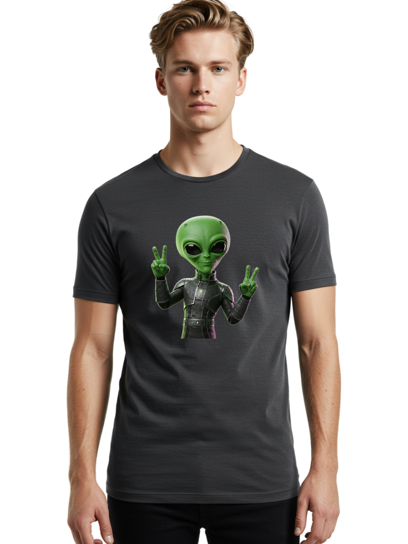 Alien-Peace-Sign-1 Men'S Graphic Tee, 100% Cotton, Comfortable Casual Summer Wear, Machine Washable, Alien Character, Peace Sign Gesture, Extraterrestrial Being, Futuristic Attire, Sci-Fi Design, Friendly Demeanor, Funny Face, V Sign, Bab630