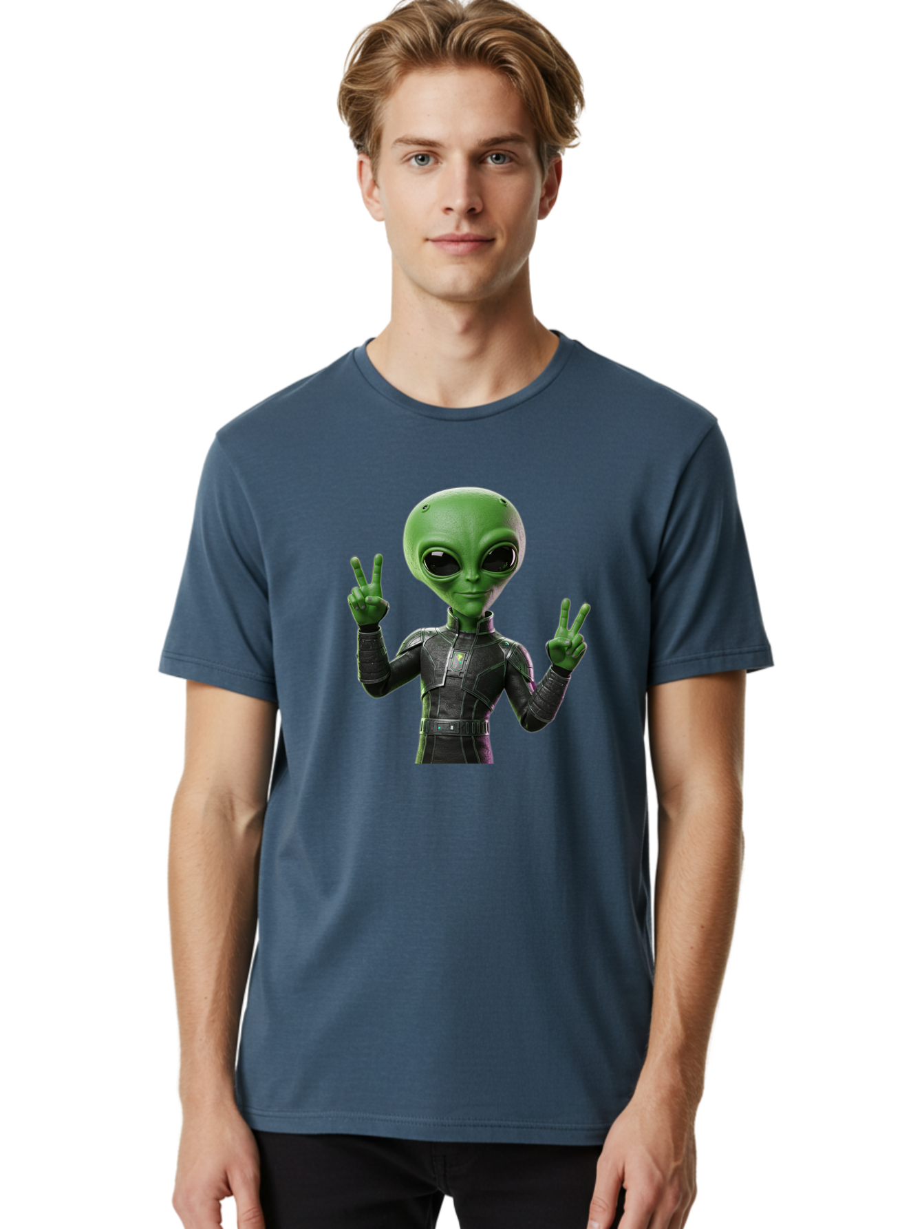 Alien-Peace-Sign-1 Men'S Graphic Tee, 100% Cotton, Comfortable Casual Summer Wear, Machine Washable, Alien Character, Peace Sign Gesture, Extraterrestrial Being, Futuristic Attire, Sci-Fi Design, Friendly Demeanor, Funny Face, V Sign, Bab630