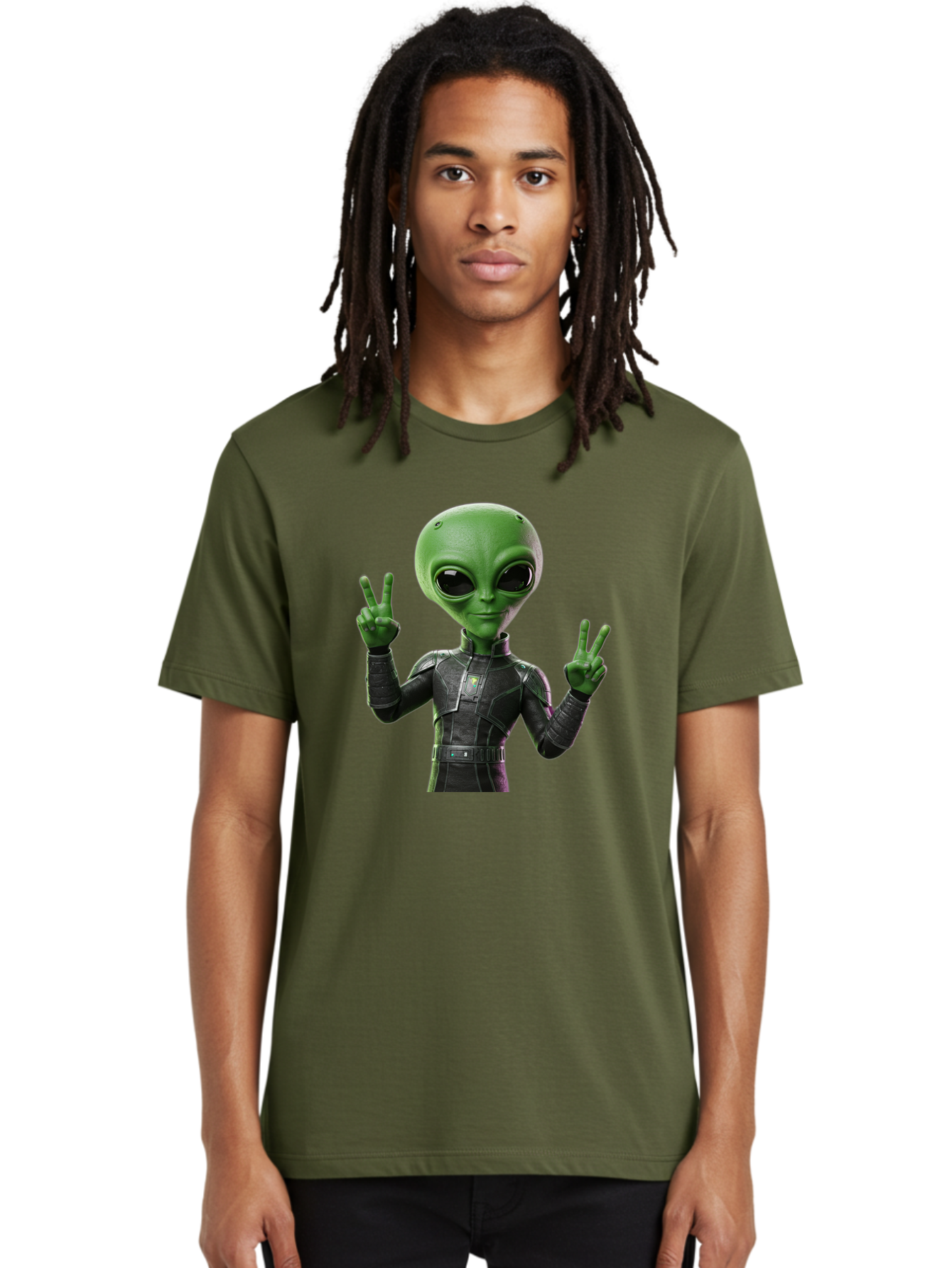 Alien-Peace-Sign-1 Men'S Graphic Tee, 100% Cotton, Comfortable Casual Summer Wear, Machine Washable, Alien Character, Peace Sign Gesture, Extraterrestrial Being, Futuristic Attire, Sci-Fi Design, Friendly Demeanor, Funny Face, V Sign, Bab630