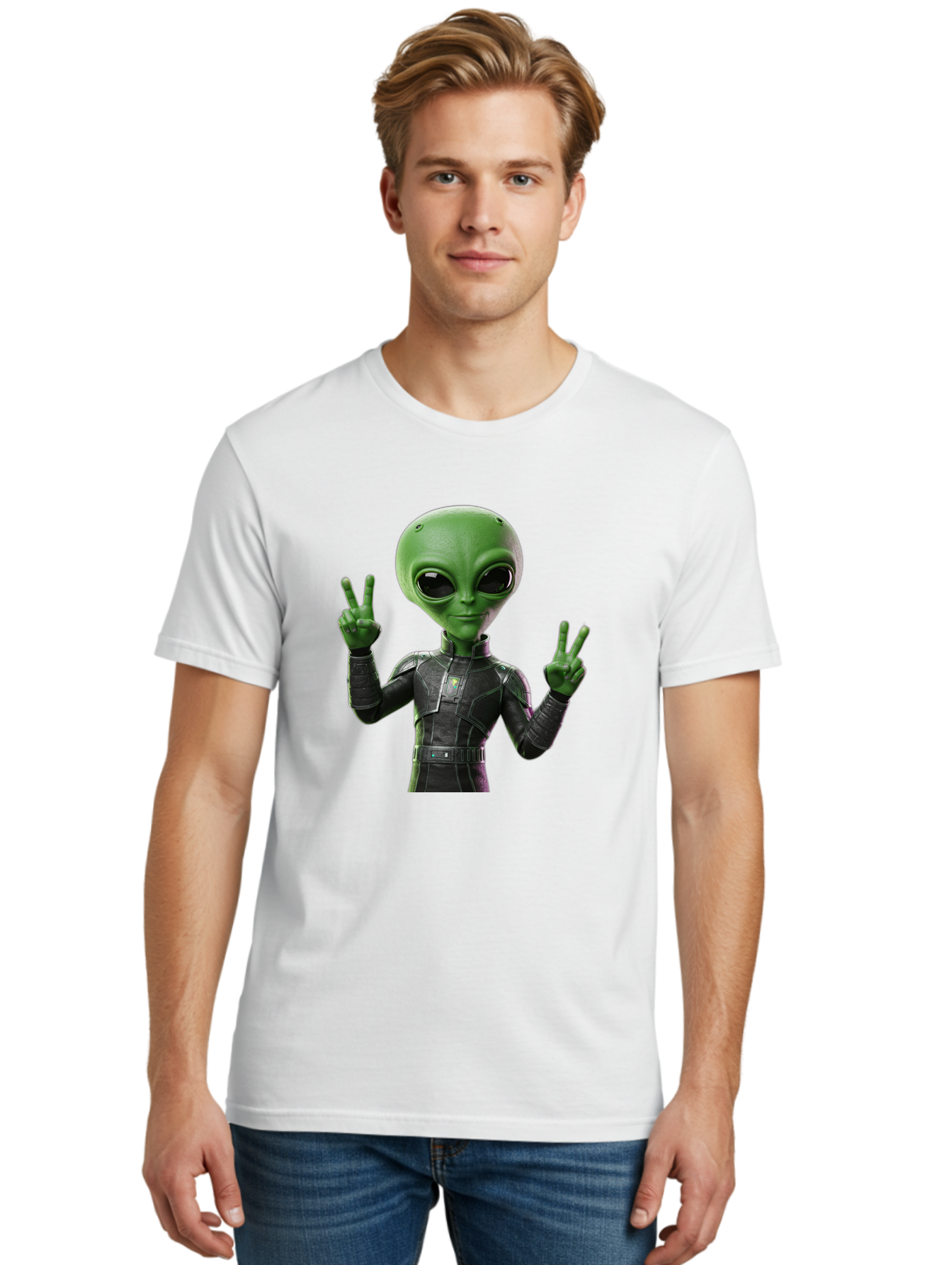 Alien-Peace-Sign-1 Men'S Graphic Tee, 100% Cotton, Comfortable Casual Summer Wear, Machine Washable, Alien Character, Peace Sign Gesture, Extraterrestrial Being, Futuristic Attire, Sci-Fi Design, Friendly Demeanor, Funny Face, V Sign, Bab630