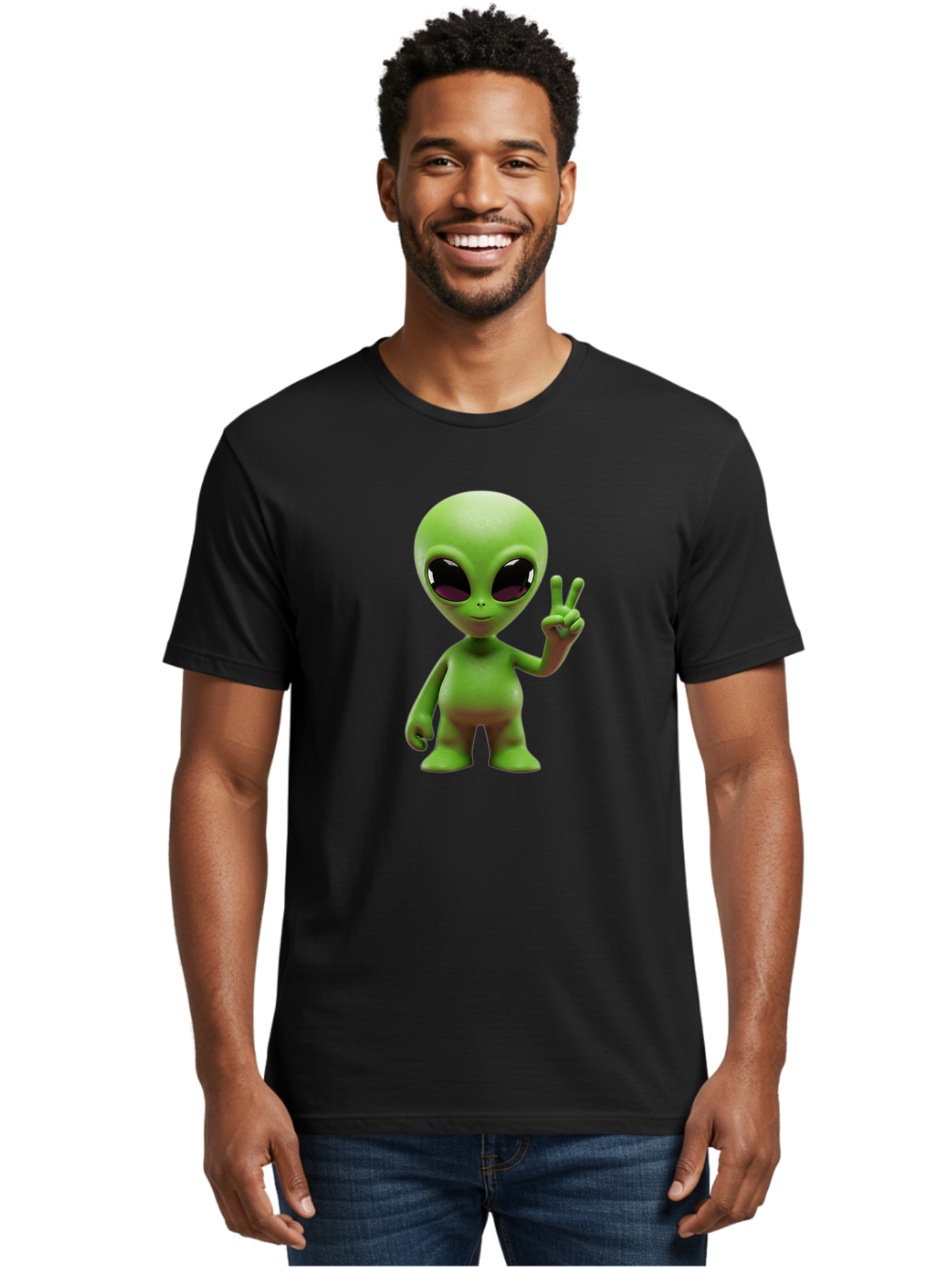 Alien-Peace-Sign-2 Men'S Graphic Tee, 100% Cotton, Comfortable Casual Summer Wear, Machine Washable, Alien Figure, Peace Sign, Friendly Gesture, Cartoon Character, E.T., Extraterrestrial Being, Fun, Quirky, Playful, 3D Rendering, Bab631