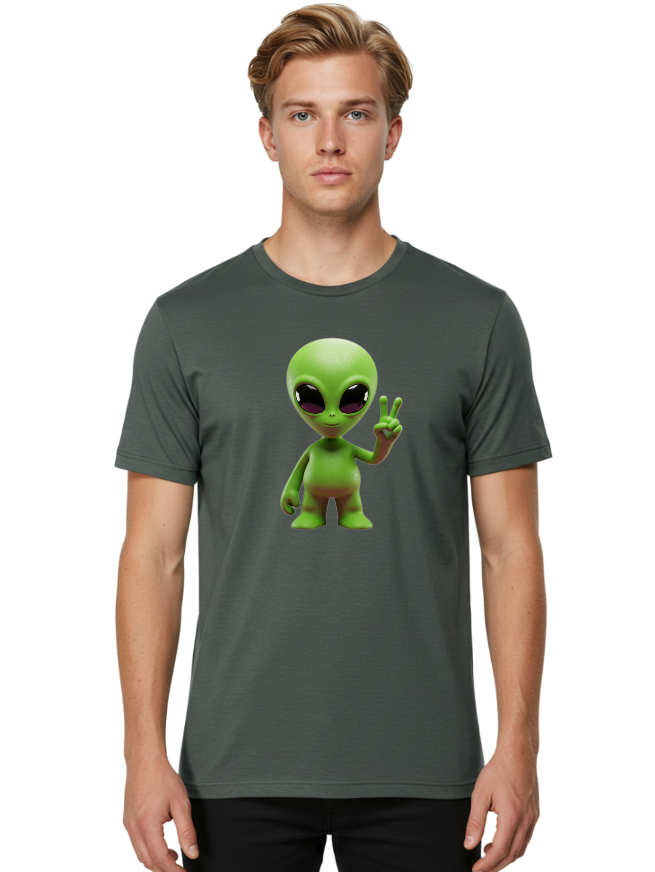 Alien-Peace-Sign-2 Men'S Graphic Tee, 100% Cotton, Comfortable Casual Summer Wear, Machine Washable, Alien Figure, Peace Sign, Friendly Gesture, Cartoon Character, E.T., Extraterrestrial Being, Fun, Quirky, Playful, 3D Rendering, Bab631