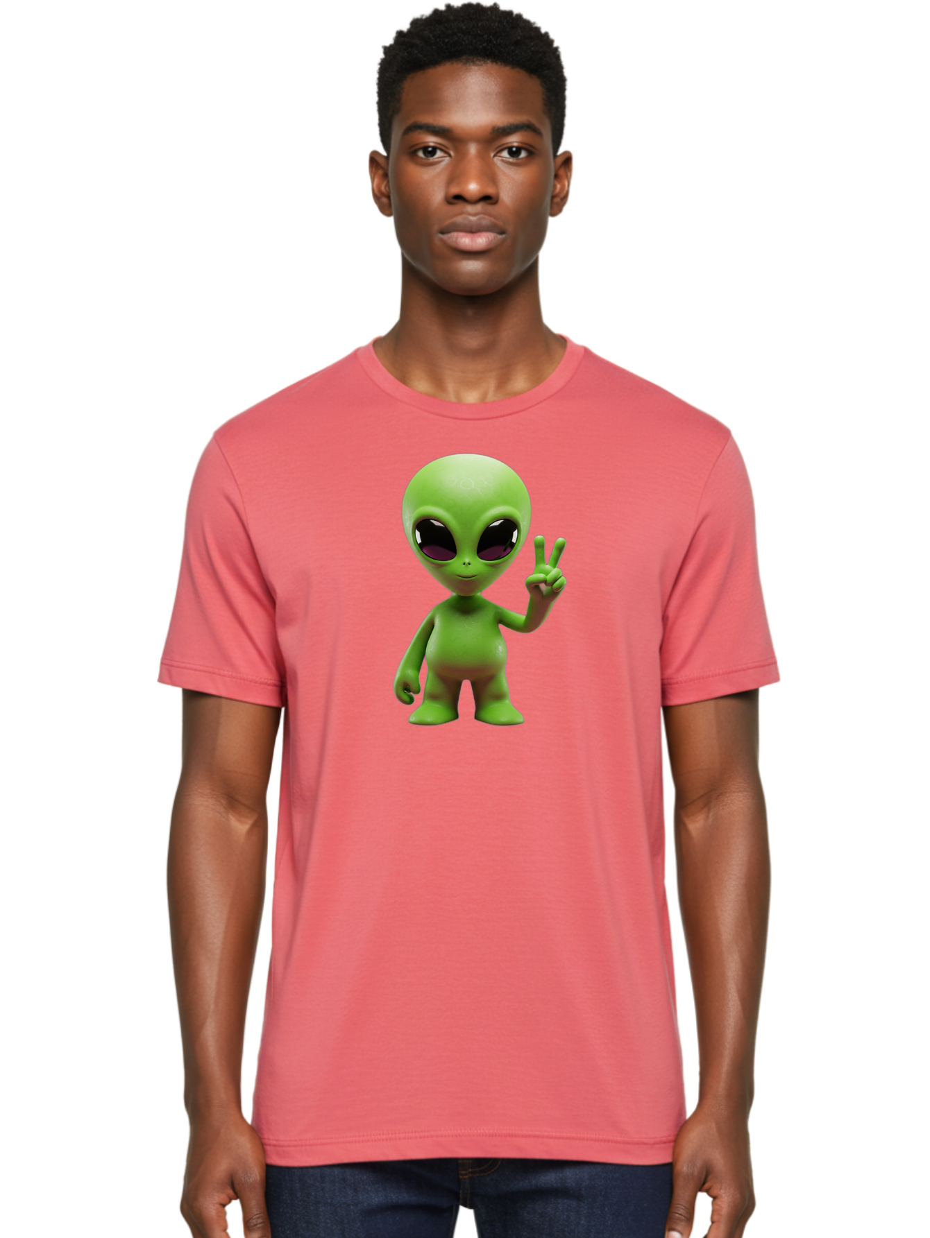 Alien-Peace-Sign-2 Men'S Graphic Tee, 100% Cotton, Comfortable Casual Summer Wear, Machine Washable, Alien Figure, Peace Sign, Friendly Gesture, Cartoon Character, E.T., Extraterrestrial Being, Fun, Quirky, Playful, 3D Rendering, Bab631