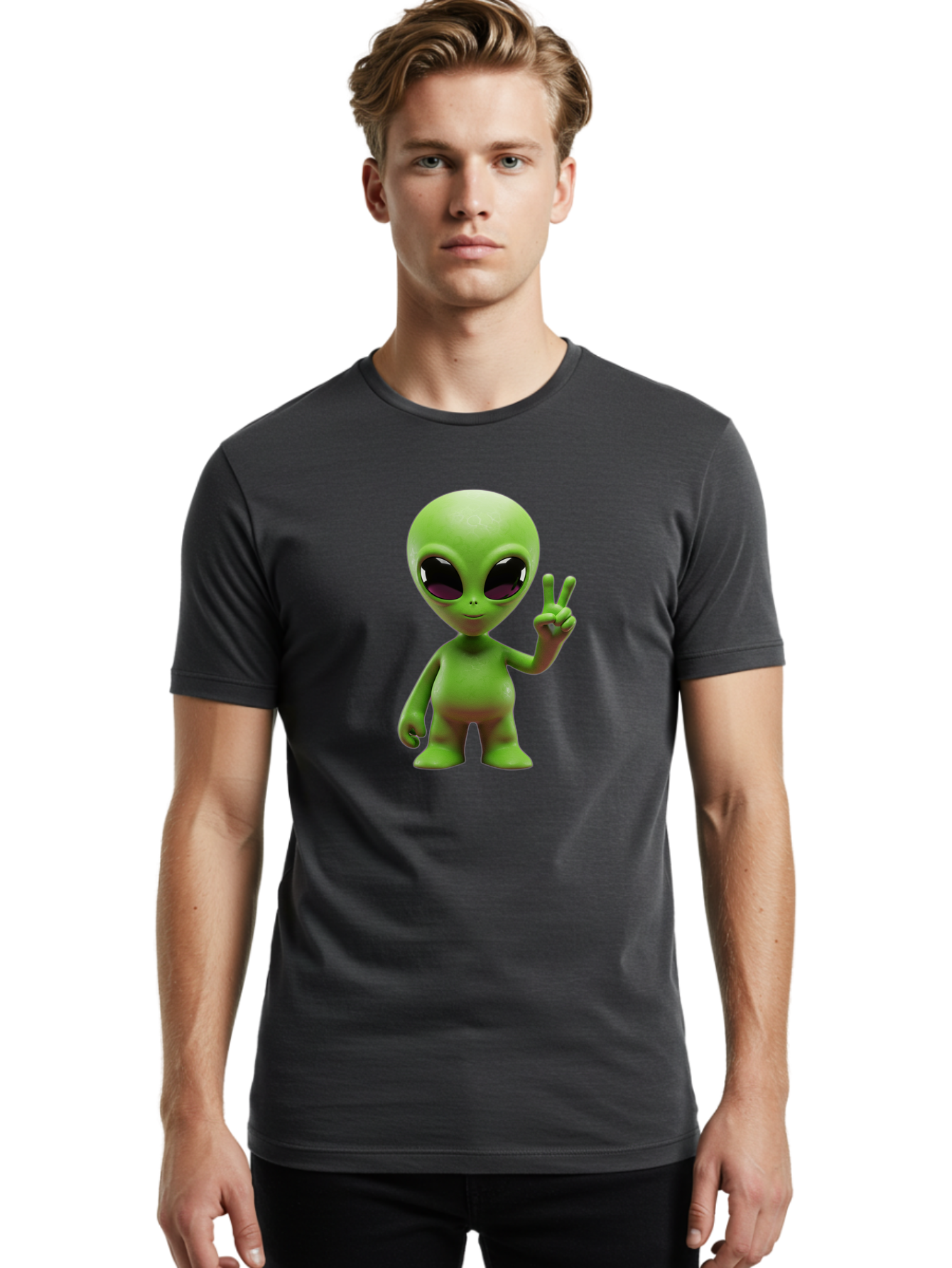Alien-Peace-Sign-2 Men'S Graphic Tee, 100% Cotton, Comfortable Casual Summer Wear, Machine Washable, Alien Figure, Peace Sign, Friendly Gesture, Cartoon Character, E.T., Extraterrestrial Being, Fun, Quirky, Playful, 3D Rendering, Bab631
