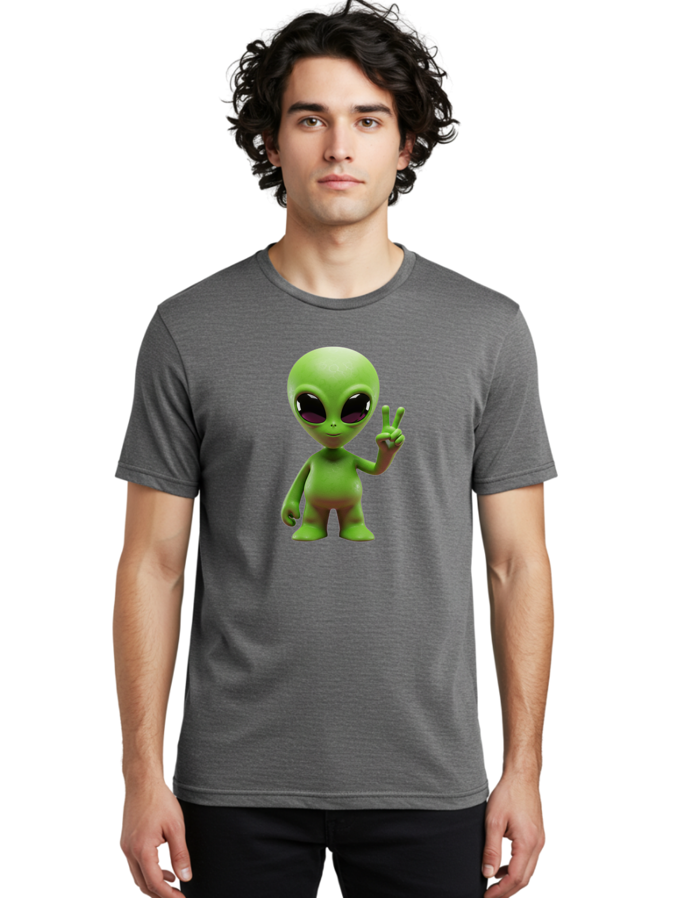 Alien-Peace-Sign-2 Men'S Graphic Tee, 100% Cotton, Comfortable Casual Summer Wear, Machine Washable, Alien Figure, Peace Sign, Friendly Gesture, Cartoon Character, E.T., Extraterrestrial Being, Fun, Quirky, Playful, 3D Rendering, Bab631