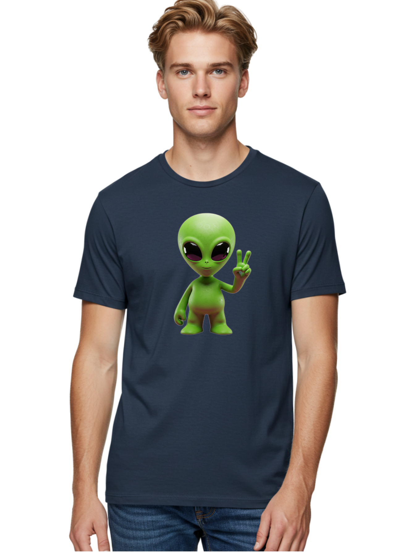 Alien-Peace-Sign-2 Men'S Graphic Tee, 100% Cotton, Comfortable Casual Summer Wear, Machine Washable, Alien Figure, Peace Sign, Friendly Gesture, Cartoon Character, E.T., Extraterrestrial Being, Fun, Quirky, Playful, 3D Rendering, Bab631