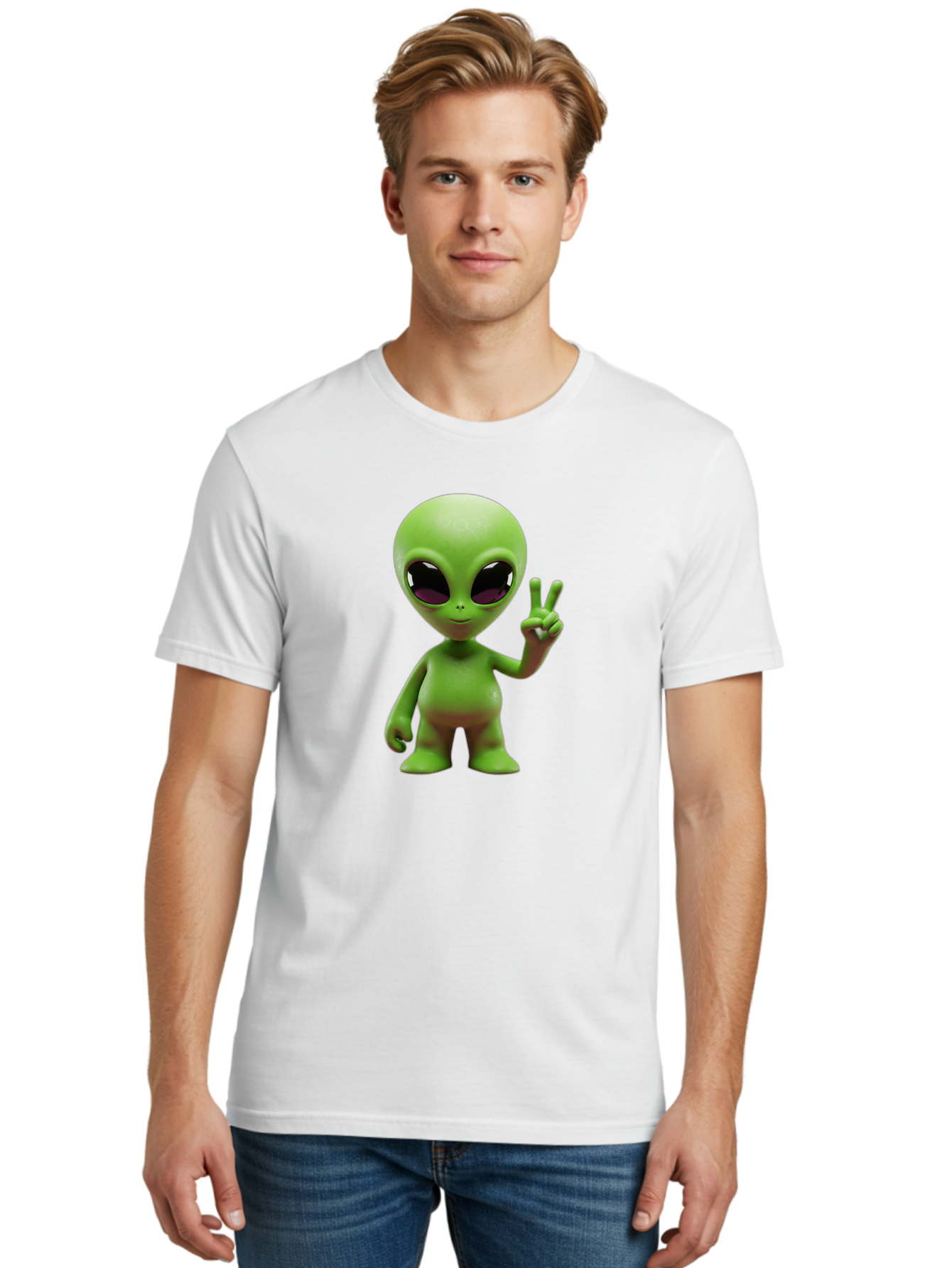Alien-Peace-Sign-2 Men'S Graphic Tee, 100% Cotton, Comfortable Casual Summer Wear, Machine Washable, Alien Figure, Peace Sign, Friendly Gesture, Cartoon Character, E.T., Extraterrestrial Being, Fun, Quirky, Playful, 3D Rendering, Bab631