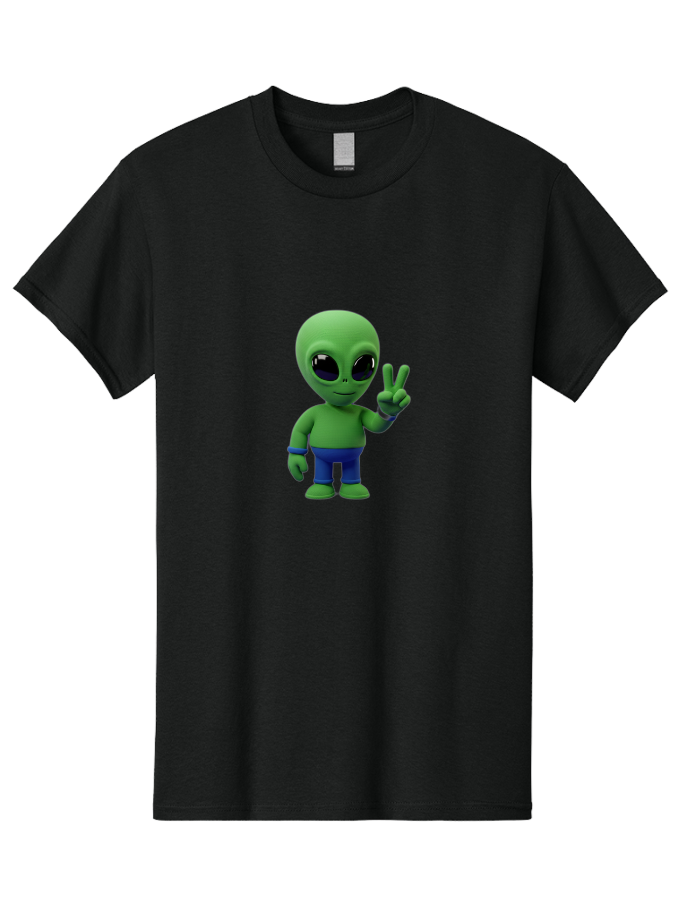 Alien-Peace-Sign-3 Men'S Graphic Tee, 100% Cotton, Comfortable Casual Summer Wear, Machine Washable, Cartoon Alien, Peace Sign, Blue Pants, Blue Bracelet, Friendly Gesture, 3D Character, Space Creature, Fun Design, Playful Pose, Kawaii Style Bab632