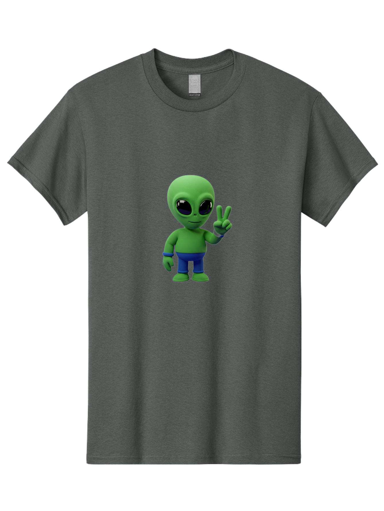 Alien-Peace-Sign-3 Men'S Graphic Tee, 100% Cotton, Comfortable Casual Summer Wear, Machine Washable, Cartoon Alien, Peace Sign, Blue Pants, Blue Bracelet, Friendly Gesture, 3D Character, Space Creature, Fun Design, Playful Pose, Kawaii Style Bab632