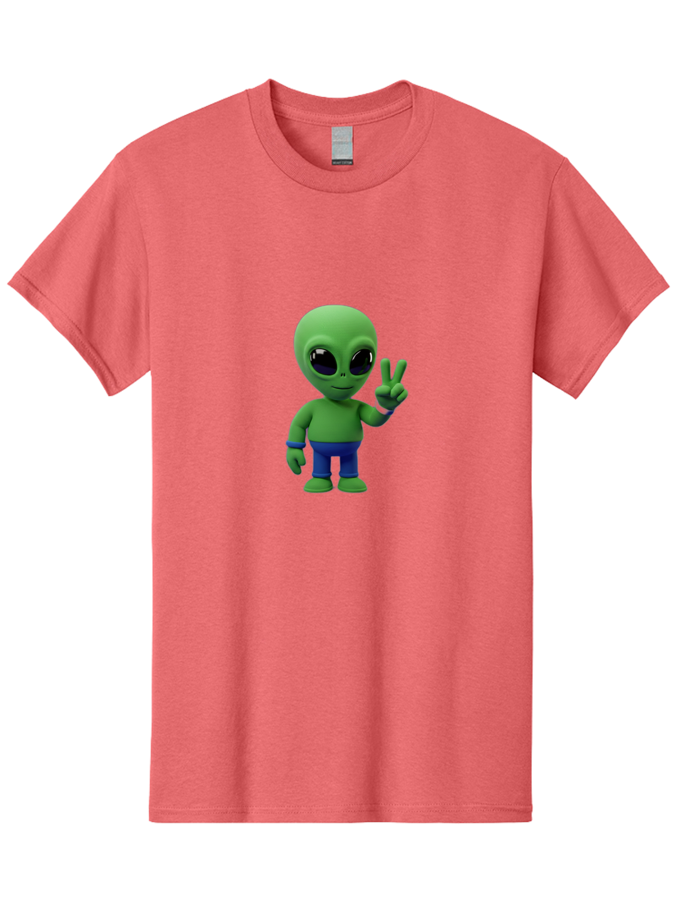 Alien-Peace-Sign-3 Men'S Graphic Tee, 100% Cotton, Comfortable Casual Summer Wear, Machine Washable, Cartoon Alien, Peace Sign, Blue Pants, Blue Bracelet, Friendly Gesture, 3D Character, Space Creature, Fun Design, Playful Pose, Kawaii Style Bab632