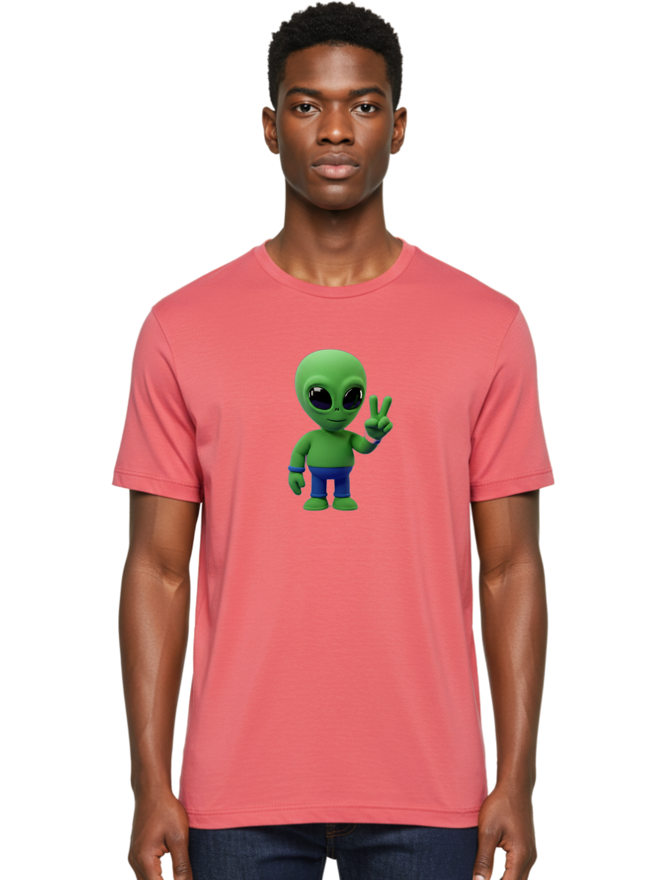Alien-Peace-Sign-3 Men'S Graphic Tee, 100% Cotton, Comfortable Casual Summer Wear, Machine Washable, Cartoon Alien, Peace Sign, Blue Pants, Blue Bracelet, Friendly Gesture, 3D Character, Space Creature, Fun Design, Playful Pose, Kawaii Style Bab632
