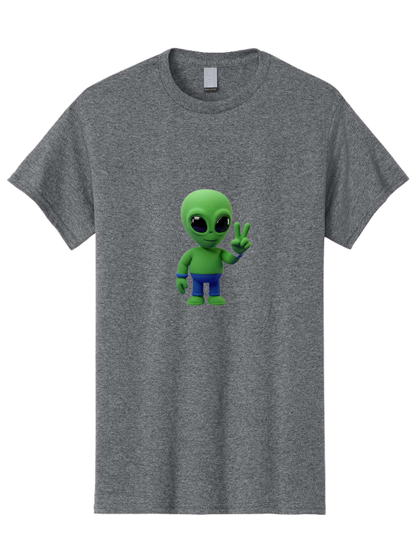 Alien-Peace-Sign-3 Men'S Graphic Tee, 100% Cotton, Comfortable Casual Summer Wear, Machine Washable, Cartoon Alien, Peace Sign, Blue Pants, Blue Bracelet, Friendly Gesture, 3D Character, Space Creature, Fun Design, Playful Pose, Kawaii Style Bab632