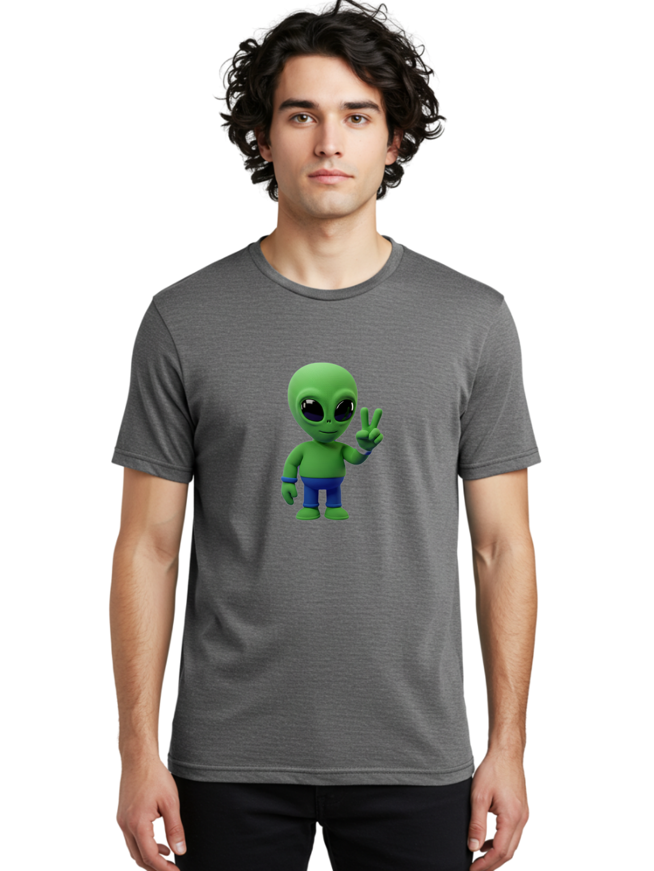 Alien-Peace-Sign-3 Men'S Graphic Tee, 100% Cotton, Comfortable Casual Summer Wear, Machine Washable, Cartoon Alien, Peace Sign, Blue Pants, Blue Bracelet, Friendly Gesture, 3D Character, Space Creature, Fun Design, Playful Pose, Kawaii Style Bab632