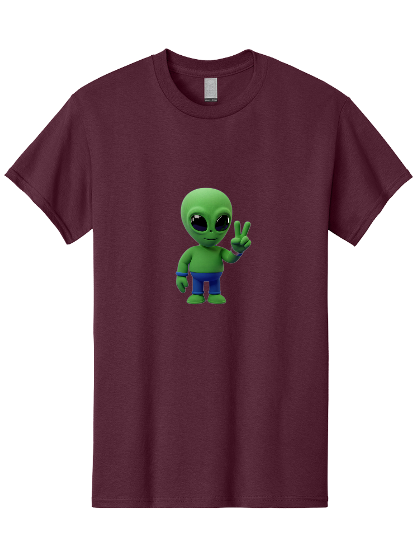 Alien-Peace-Sign-3 Men'S Graphic Tee, 100% Cotton, Comfortable Casual Summer Wear, Machine Washable, Cartoon Alien, Peace Sign, Blue Pants, Blue Bracelet, Friendly Gesture, 3D Character, Space Creature, Fun Design, Playful Pose, Kawaii Style Bab632