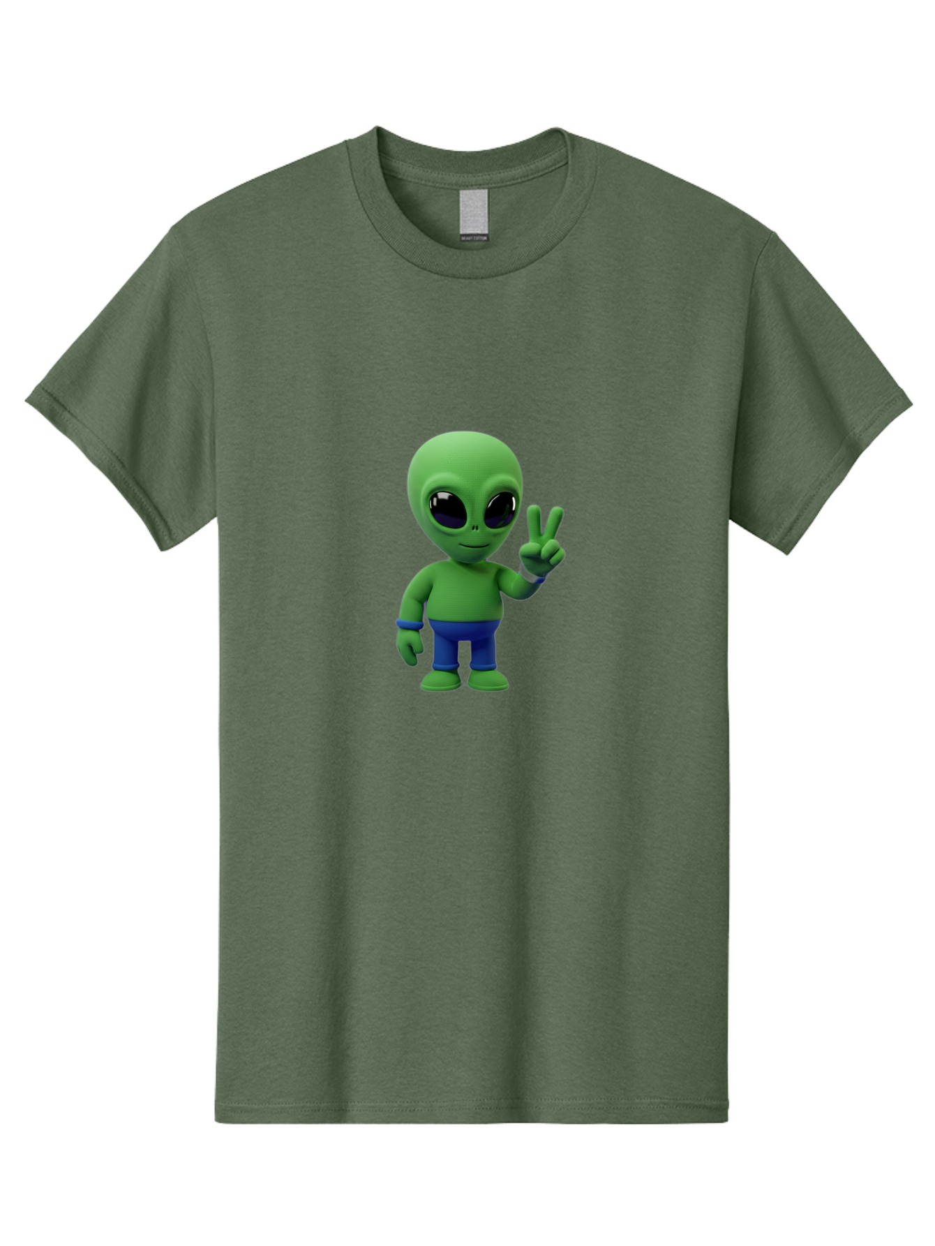 Alien-Peace-Sign-3 Men'S Graphic Tee, 100% Cotton, Comfortable Casual Summer Wear, Machine Washable, Cartoon Alien, Peace Sign, Blue Pants, Blue Bracelet, Friendly Gesture, 3D Character, Space Creature, Fun Design, Playful Pose, Kawaii Style Bab632