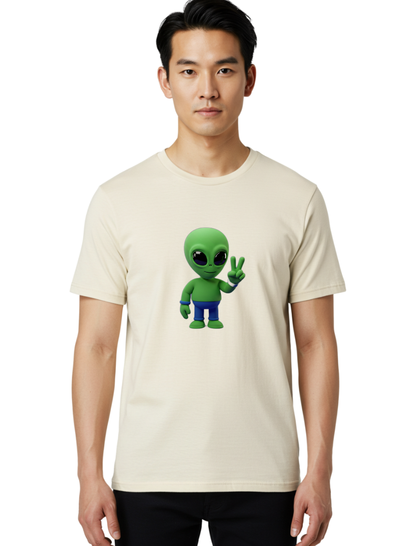 Alien-Peace-Sign-3 Men'S Graphic Tee, 100% Cotton, Comfortable Casual Summer Wear, Machine Washable, Cartoon Alien, Peace Sign, Blue Pants, Blue Bracelet, Friendly Gesture, 3D Character, Space Creature, Fun Design, Playful Pose, Kawaii Style Bab632