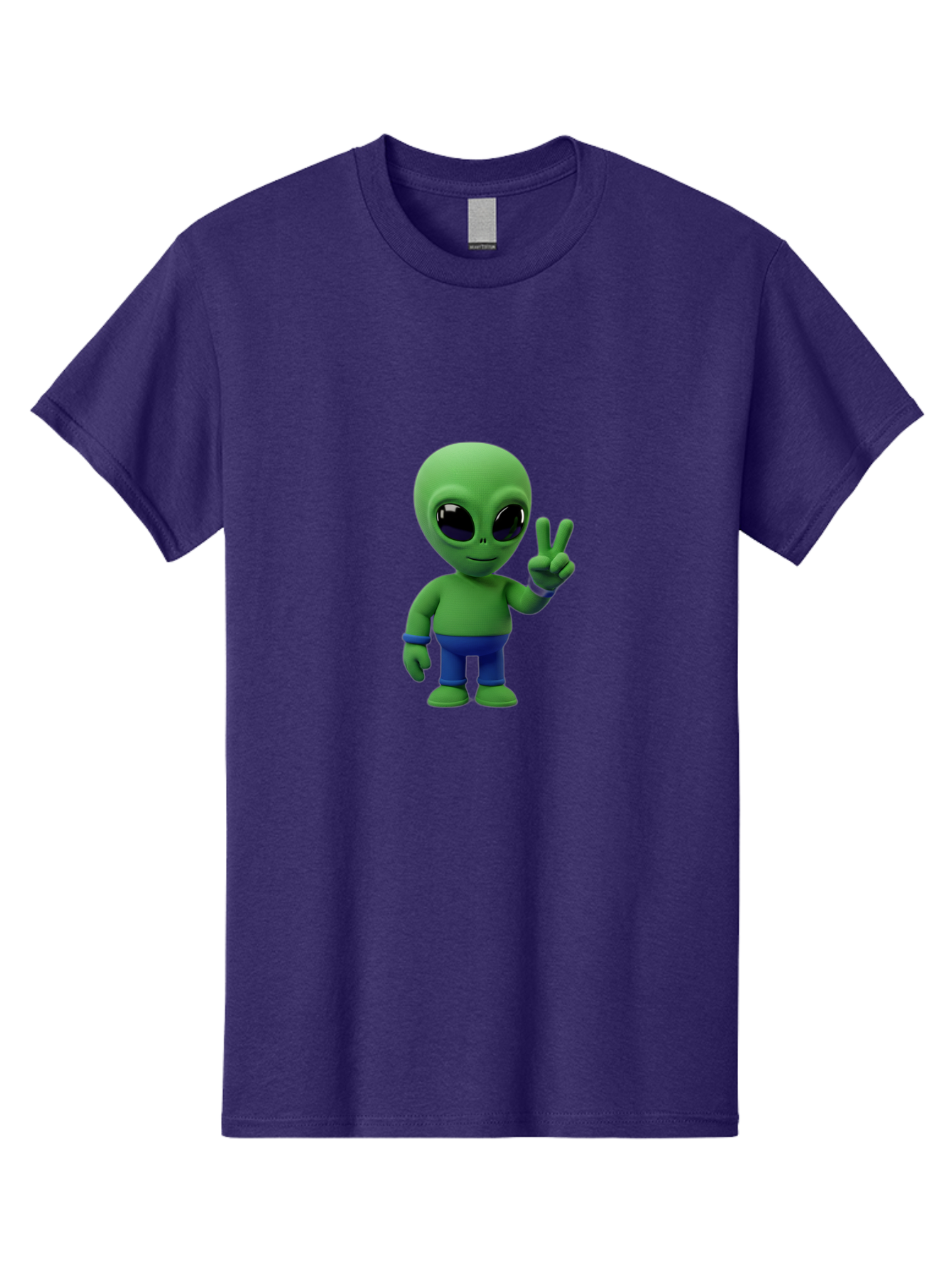 Alien-Peace-Sign-3 Men'S Graphic Tee, 100% Cotton, Comfortable Casual Summer Wear, Machine Washable, Cartoon Alien, Peace Sign, Blue Pants, Blue Bracelet, Friendly Gesture, 3D Character, Space Creature, Fun Design, Playful Pose, Kawaii Style Bab632
