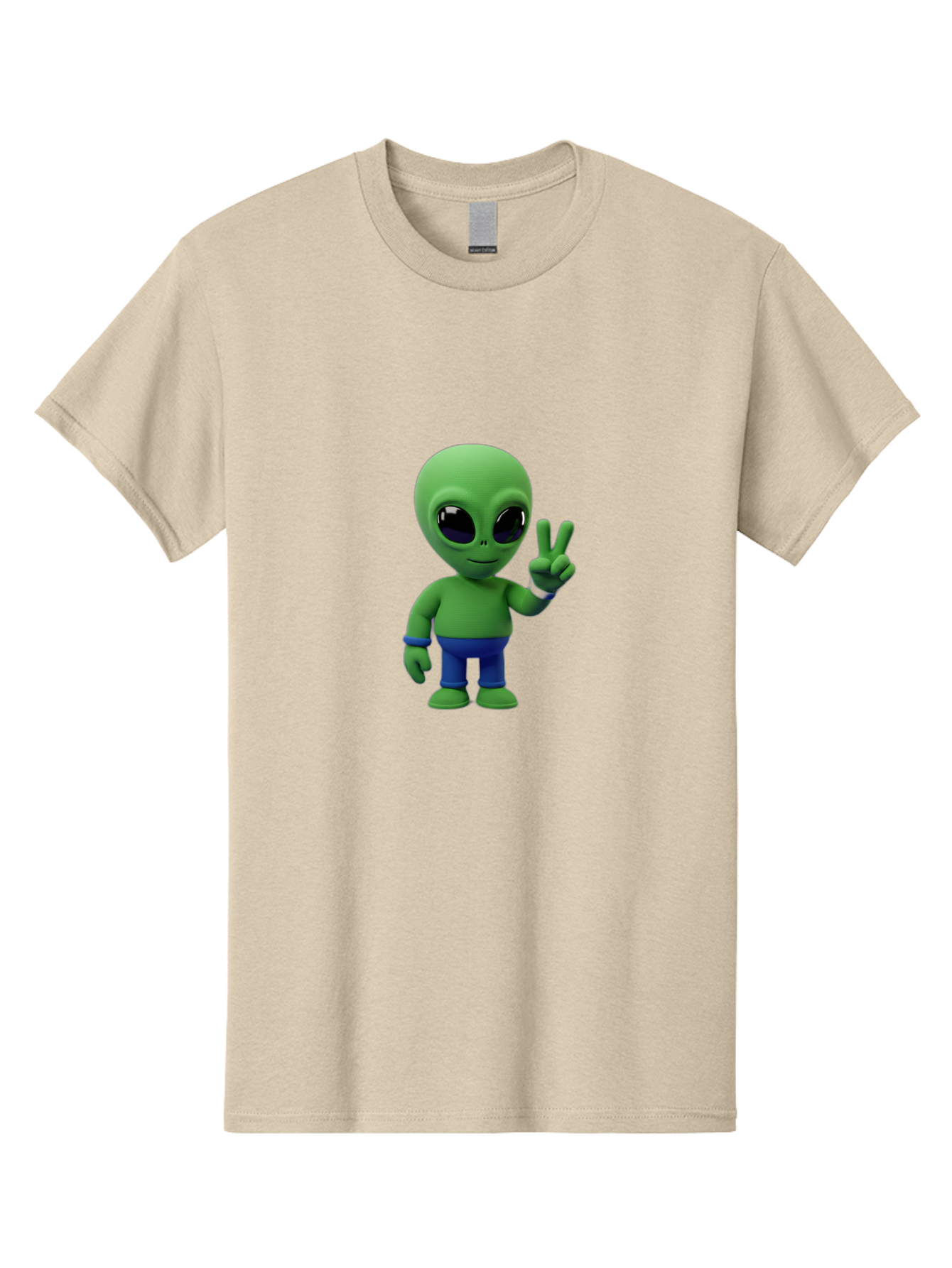 Alien-Peace-Sign-3 Men'S Graphic Tee, 100% Cotton, Comfortable Casual Summer Wear, Machine Washable, Cartoon Alien, Peace Sign, Blue Pants, Blue Bracelet, Friendly Gesture, 3D Character, Space Creature, Fun Design, Playful Pose, Kawaii Style Bab632