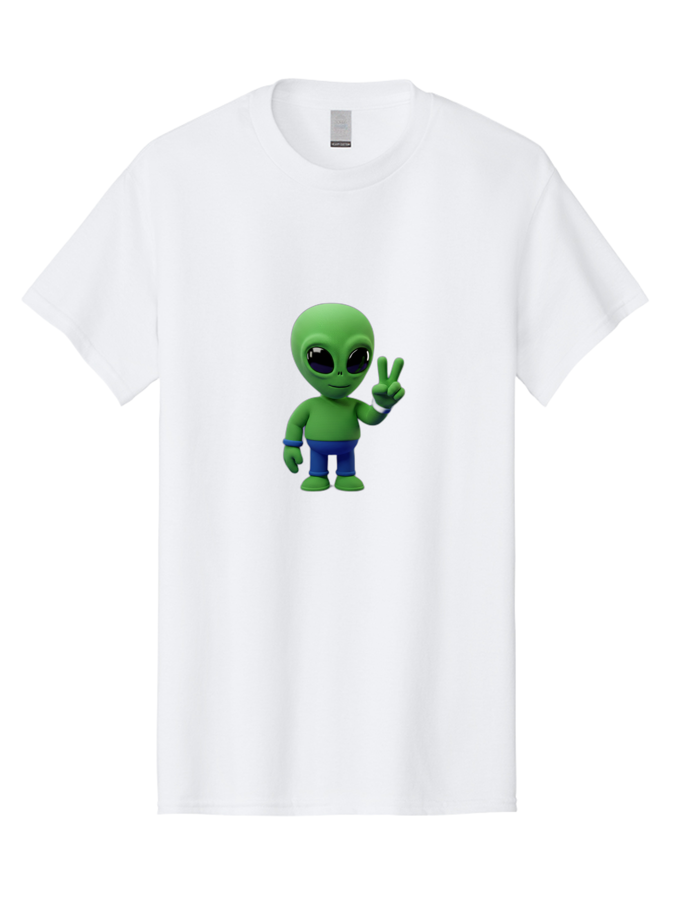 Alien-Peace-Sign-3 Men'S Graphic Tee, 100% Cotton, Comfortable Casual Summer Wear, Machine Washable, Cartoon Alien, Peace Sign, Blue Pants, Blue Bracelet, Friendly Gesture, 3D Character, Space Creature, Fun Design, Playful Pose, Kawaii Style Bab632