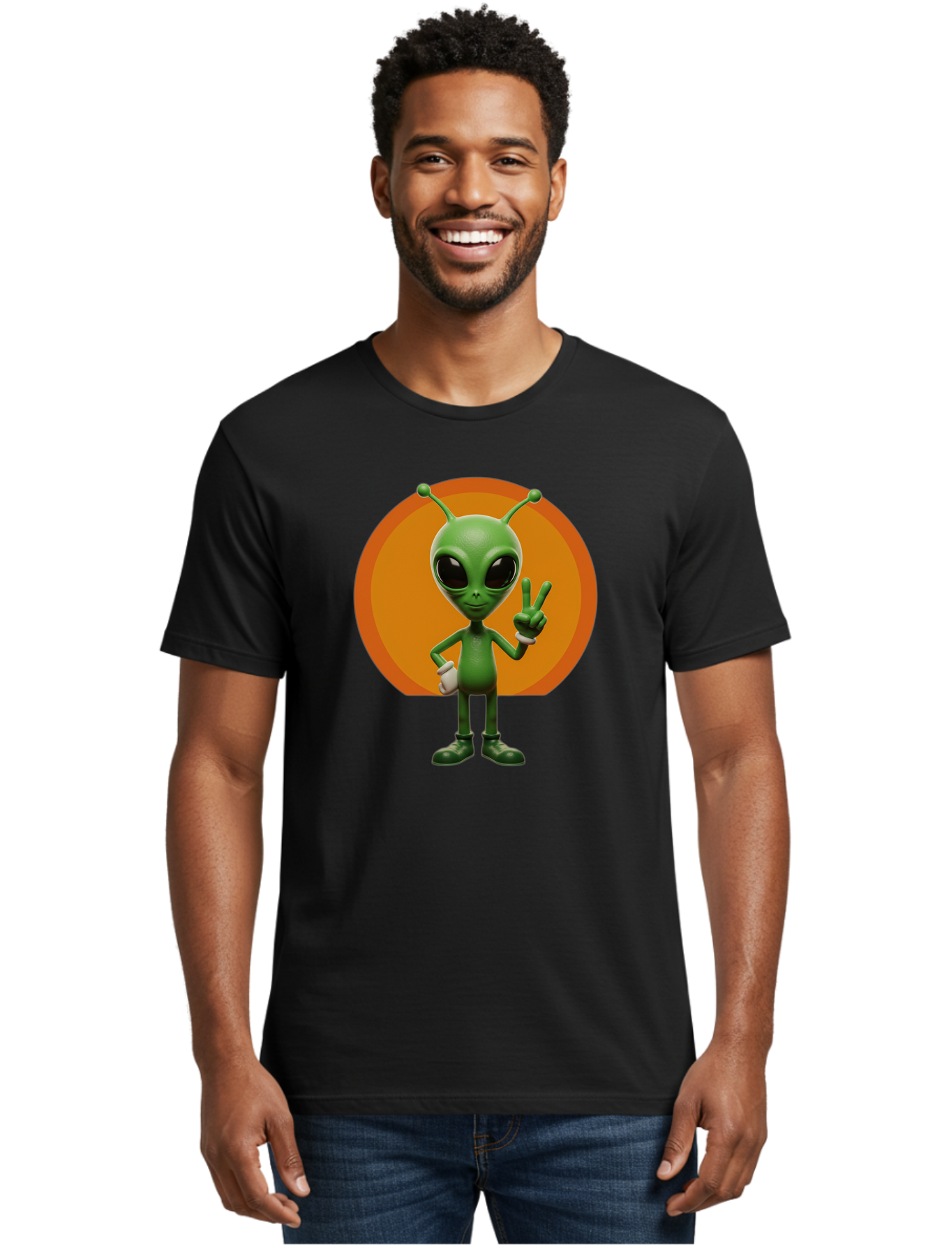 Alien-Peace-Sign Men'S Graphic Tee, 100% Cotton, Comfortable Casual Summer Wear, Machine Washable, Alien Character, Peace Sign, Green Alien, Cartoon Style, Friendly Gesture, Large Eyes, Antennae, Fun Illustration, Cosmic Being Bab633