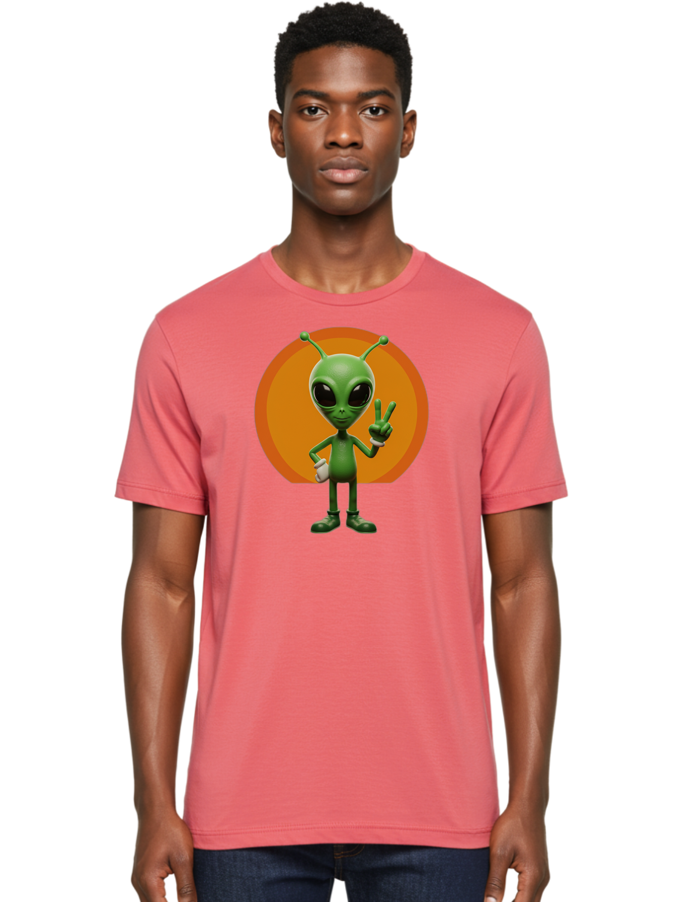 Alien-Peace-Sign Men'S Graphic Tee, 100% Cotton, Comfortable Casual Summer Wear, Machine Washable, Alien Character, Peace Sign, Green Alien, Cartoon Style, Friendly Gesture, Large Eyes, Antennae, Fun Illustration, Cosmic Being Bab633