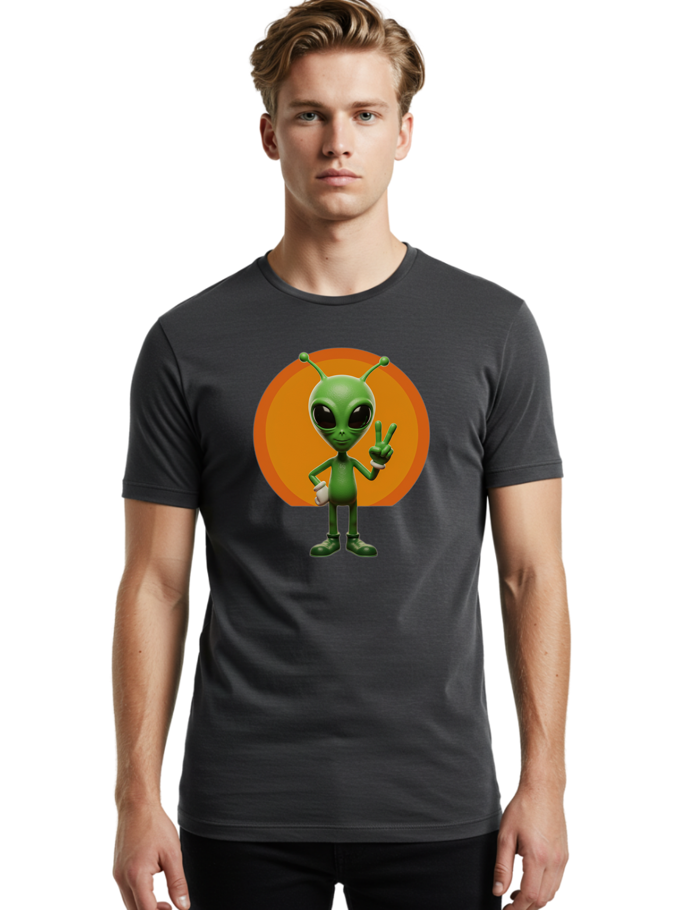 Alien-Peace-Sign Men'S Graphic Tee, 100% Cotton, Comfortable Casual Summer Wear, Machine Washable, Alien Character, Peace Sign, Green Alien, Cartoon Style, Friendly Gesture, Large Eyes, Antennae, Fun Illustration, Cosmic Being Bab633