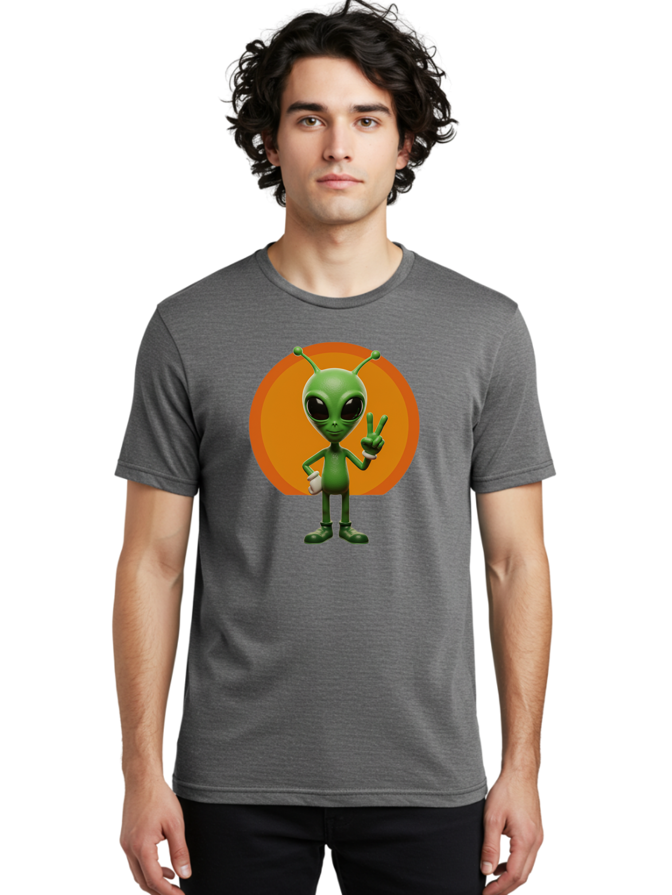 Alien-Peace-Sign Men'S Graphic Tee, 100% Cotton, Comfortable Casual Summer Wear, Machine Washable, Alien Character, Peace Sign, Green Alien, Cartoon Style, Friendly Gesture, Large Eyes, Antennae, Fun Illustration, Cosmic Being Bab633