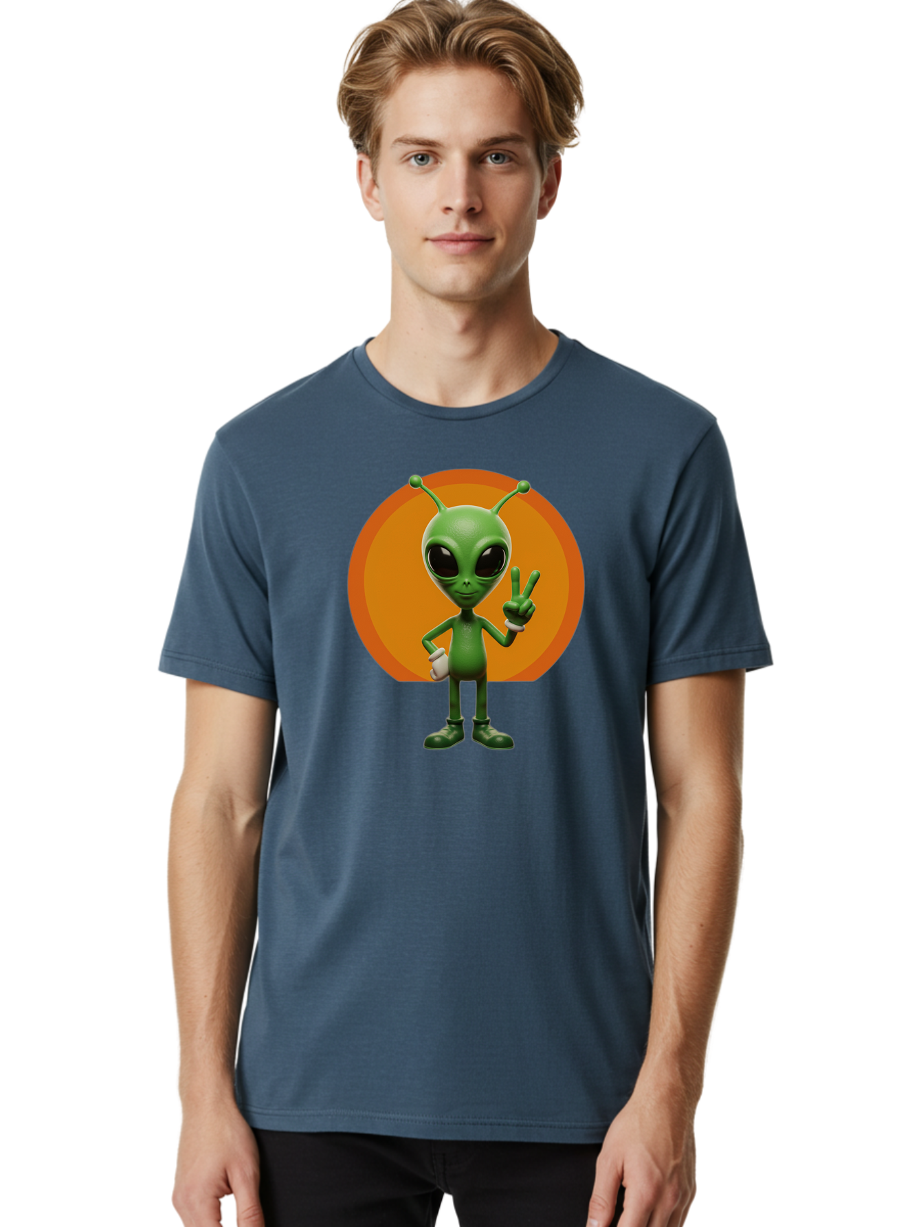 Alien-Peace-Sign Men'S Graphic Tee, 100% Cotton, Comfortable Casual Summer Wear, Machine Washable, Alien Character, Peace Sign, Green Alien, Cartoon Style, Friendly Gesture, Large Eyes, Antennae, Fun Illustration, Cosmic Being Bab633
