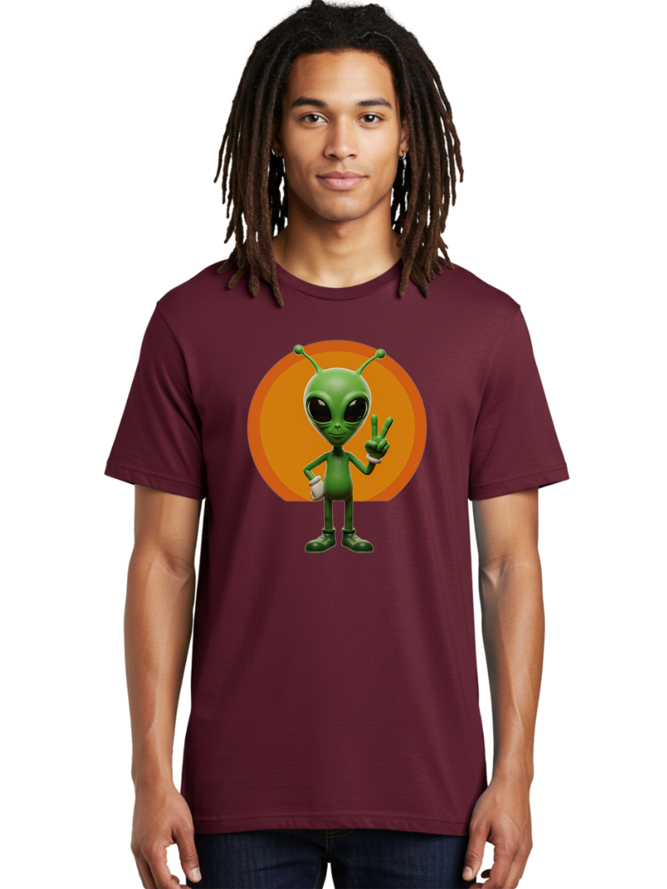 Alien-Peace-Sign Men'S Graphic Tee, 100% Cotton, Comfortable Casual Summer Wear, Machine Washable, Alien Character, Peace Sign, Green Alien, Cartoon Style, Friendly Gesture, Large Eyes, Antennae, Fun Illustration, Cosmic Being Bab633