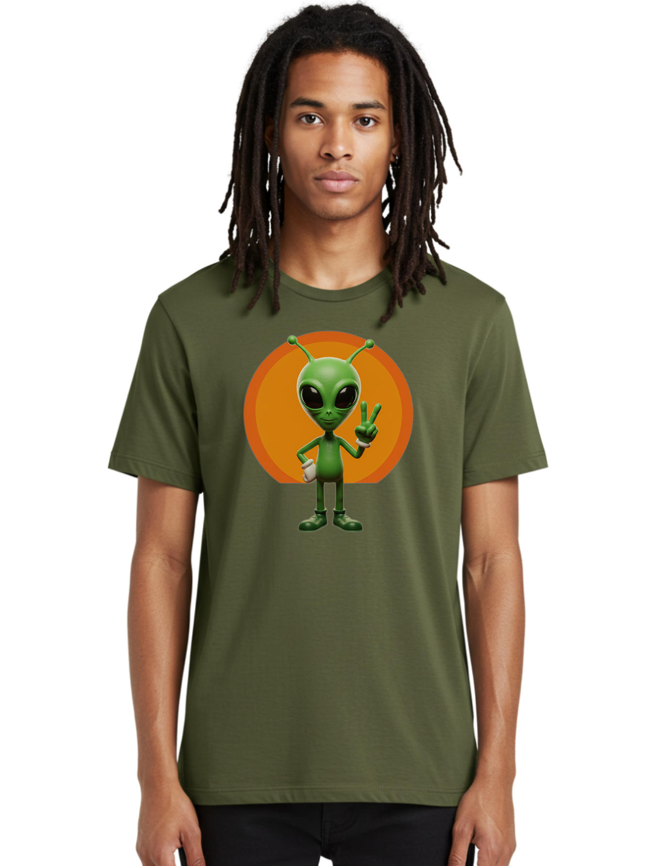 Alien-Peace-Sign Men'S Graphic Tee, 100% Cotton, Comfortable Casual Summer Wear, Machine Washable, Alien Character, Peace Sign, Green Alien, Cartoon Style, Friendly Gesture, Large Eyes, Antennae, Fun Illustration, Cosmic Being Bab633