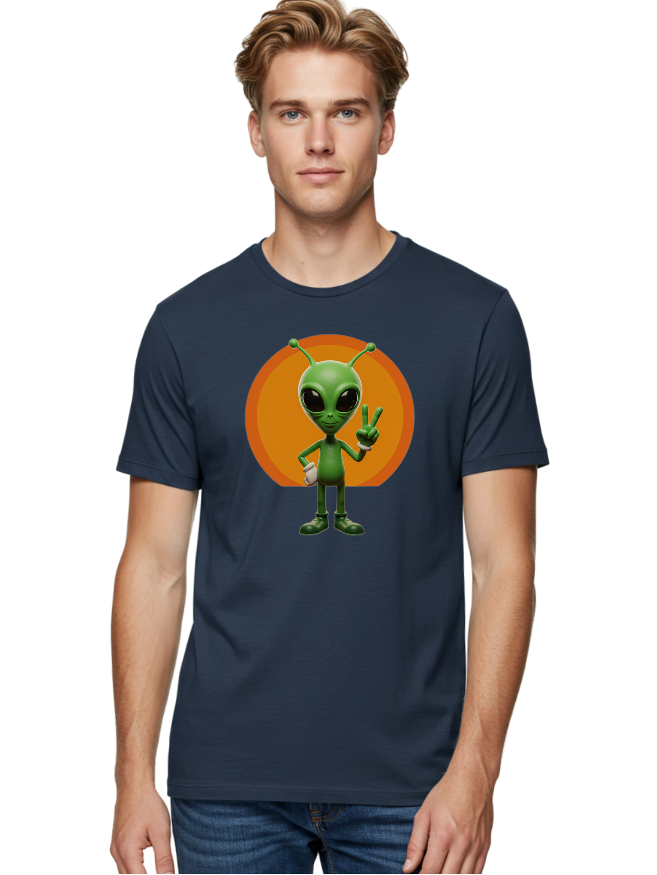 Alien-Peace-Sign Men'S Graphic Tee, 100% Cotton, Comfortable Casual Summer Wear, Machine Washable, Alien Character, Peace Sign, Green Alien, Cartoon Style, Friendly Gesture, Large Eyes, Antennae, Fun Illustration, Cosmic Being Bab633