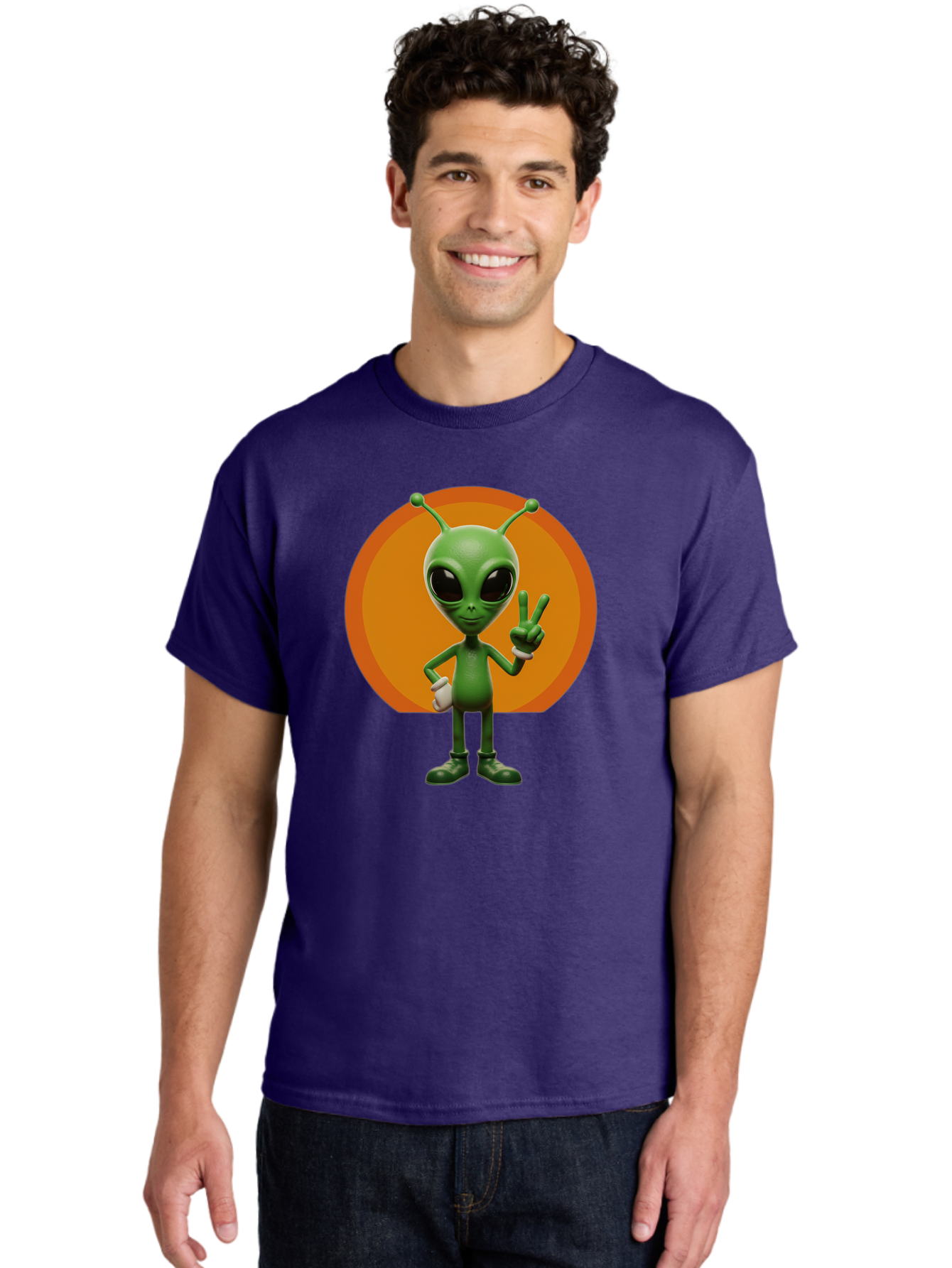 Alien-Peace-Sign Men'S Graphic Tee, 100% Cotton, Comfortable Casual Summer Wear, Machine Washable, Alien Character, Peace Sign, Green Alien, Cartoon Style, Friendly Gesture, Large Eyes, Antennae, Fun Illustration, Cosmic Being Bab633
